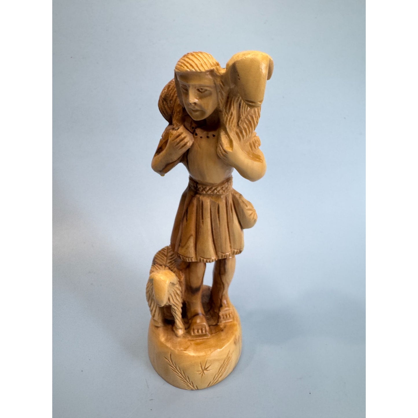 Vintage Hand Carved Olive Wood "The Good Shepherd" Figurine 7"