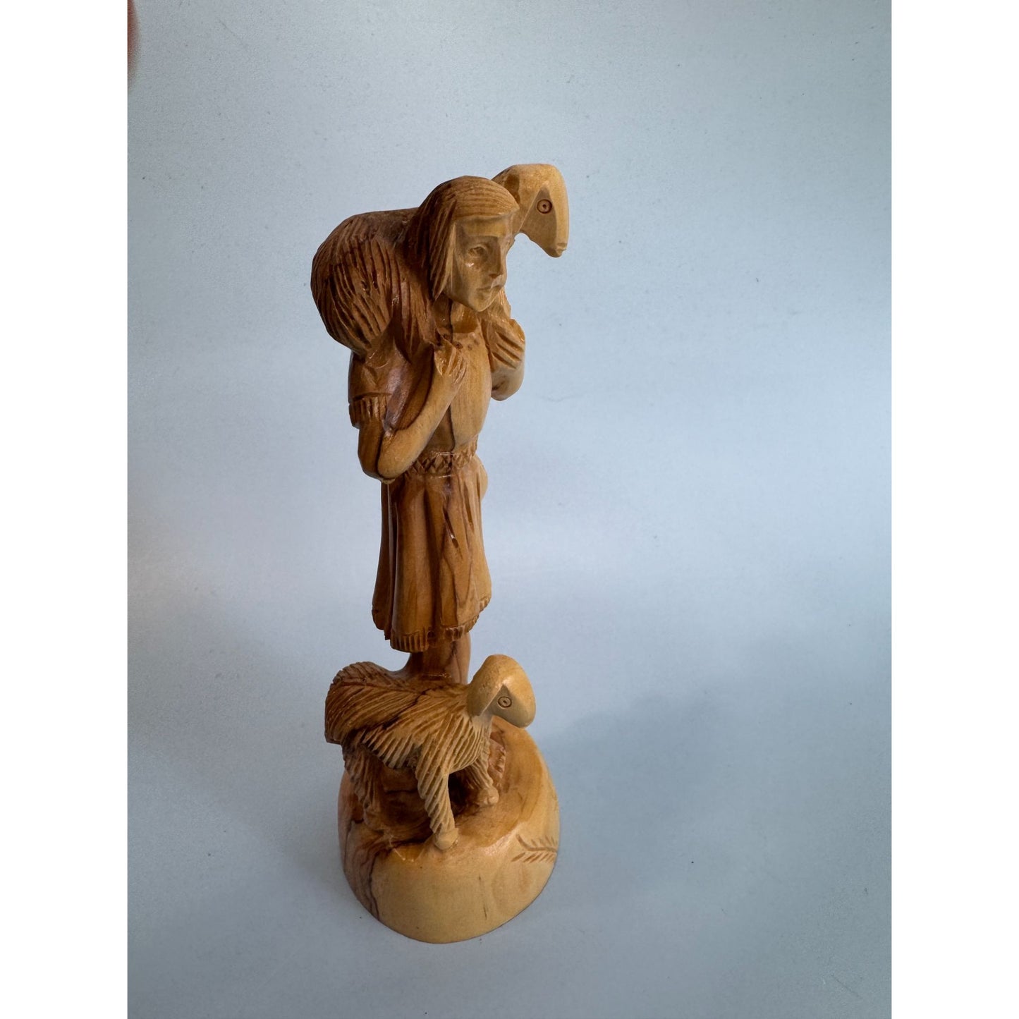 Vintage Hand Carved Olive Wood "The Good Shepherd" Figurine 7"