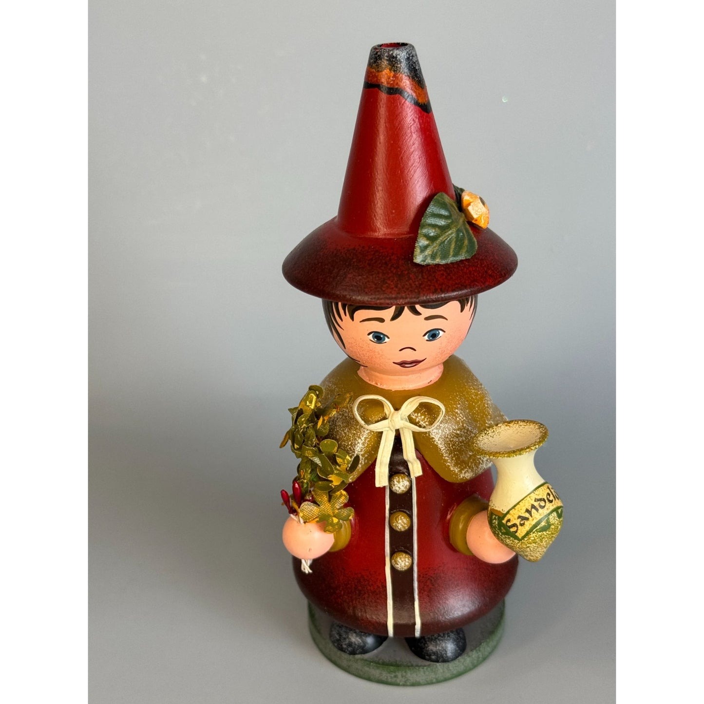 Vintage Hubrig Volkskunst Witch Girl Smoker Red Wood 5 1/4 Inch Germany