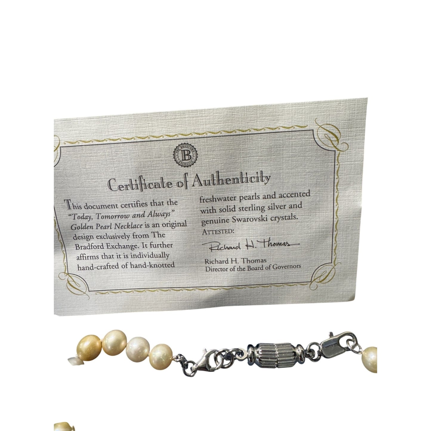 Bradford Exchange Golden Pearl Necklace Freshwater Pearls Swarovski Crystals 17"