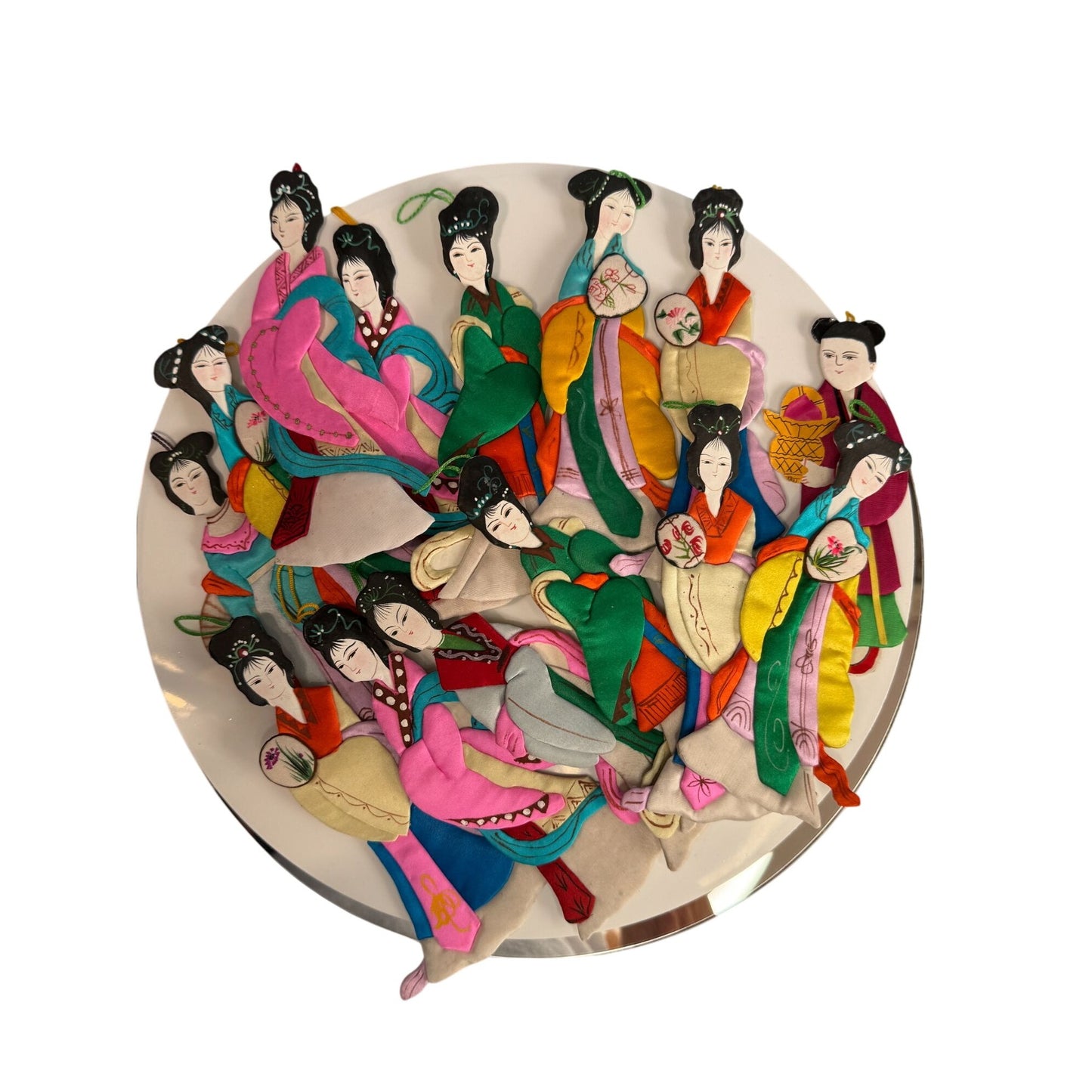 Lot Of 14 Vintage Chinese Silk & Cardboard Geisha Ornaments With Fans 6"