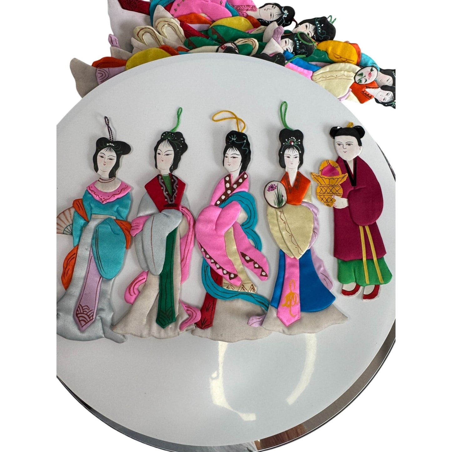 Lot Of 14 Vintage Chinese Silk & Cardboard Geisha Ornaments With Fans 6"