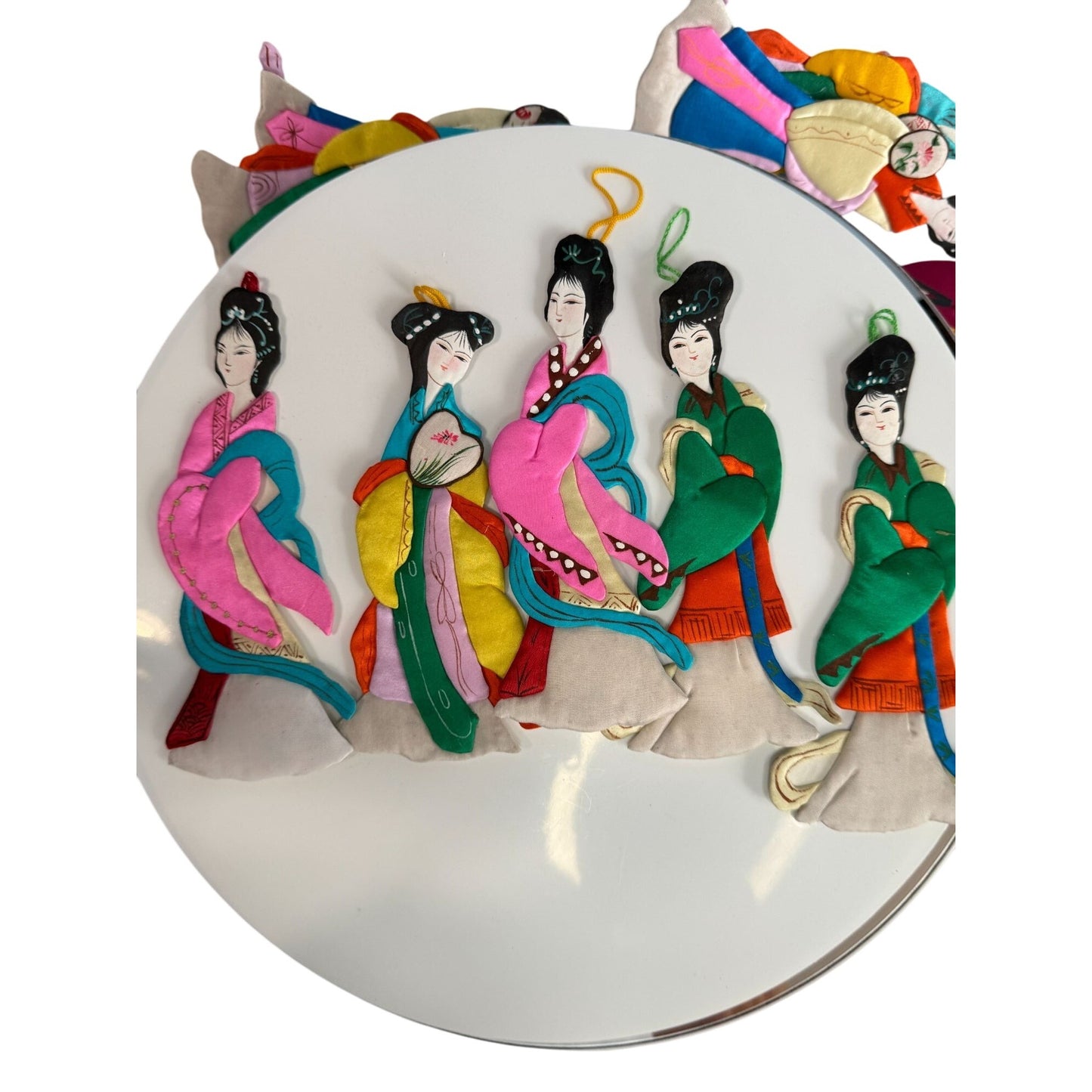 Lot Of 14 Vintage Chinese Silk & Cardboard Geisha Ornaments With Fans 6"