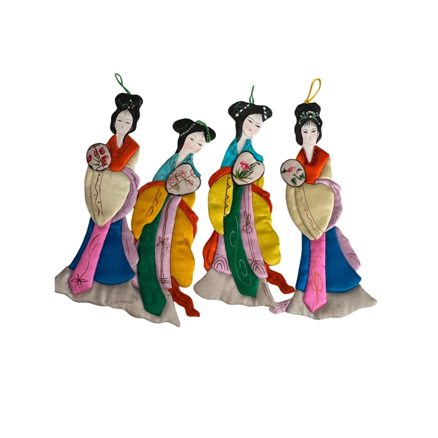 Lot Of 14 Vintage Chinese Silk & Cardboard Geisha Ornaments With Fans 6"