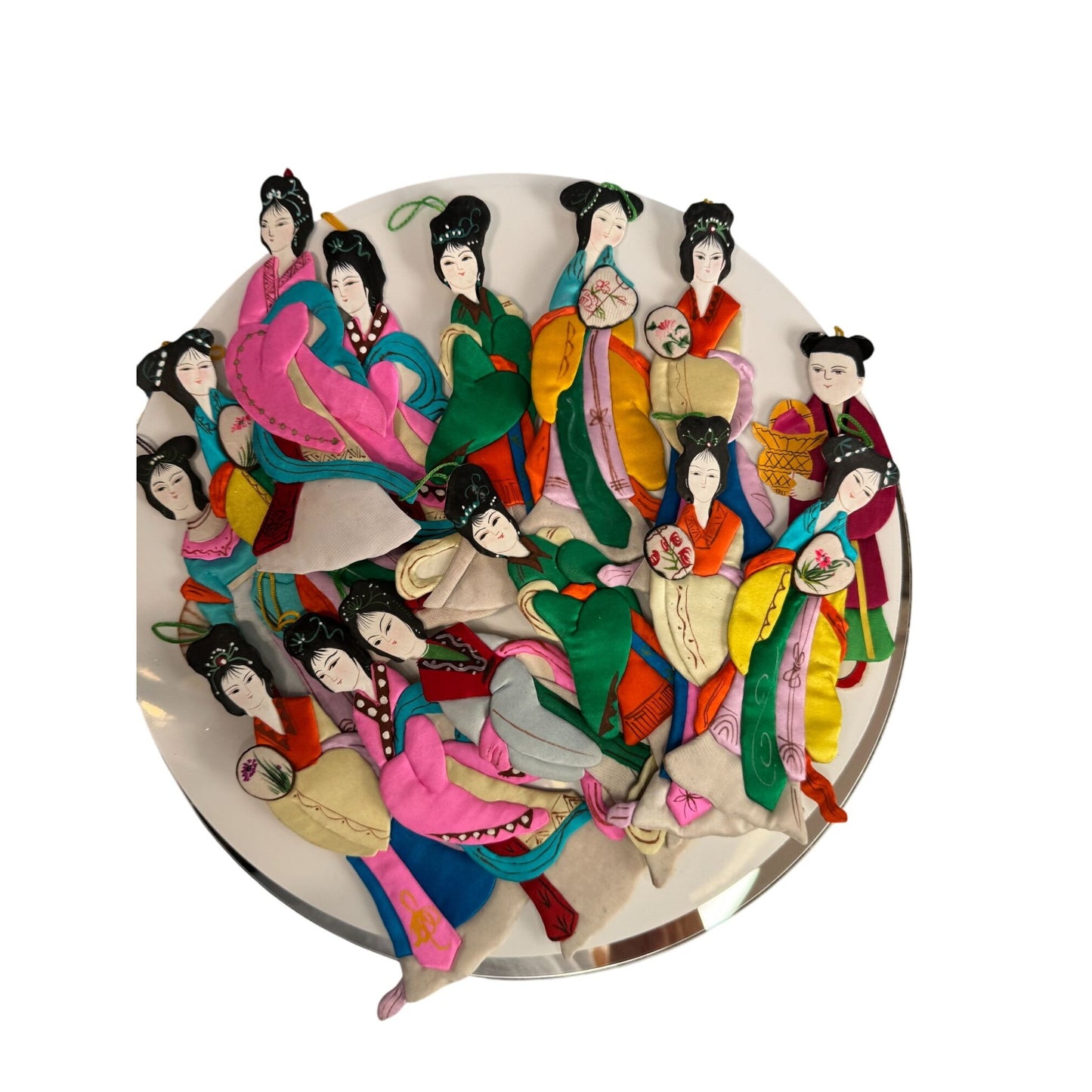 Lot Of 14 Vintage Chinese Silk & Cardboard Geisha Ornaments With Fans 6"