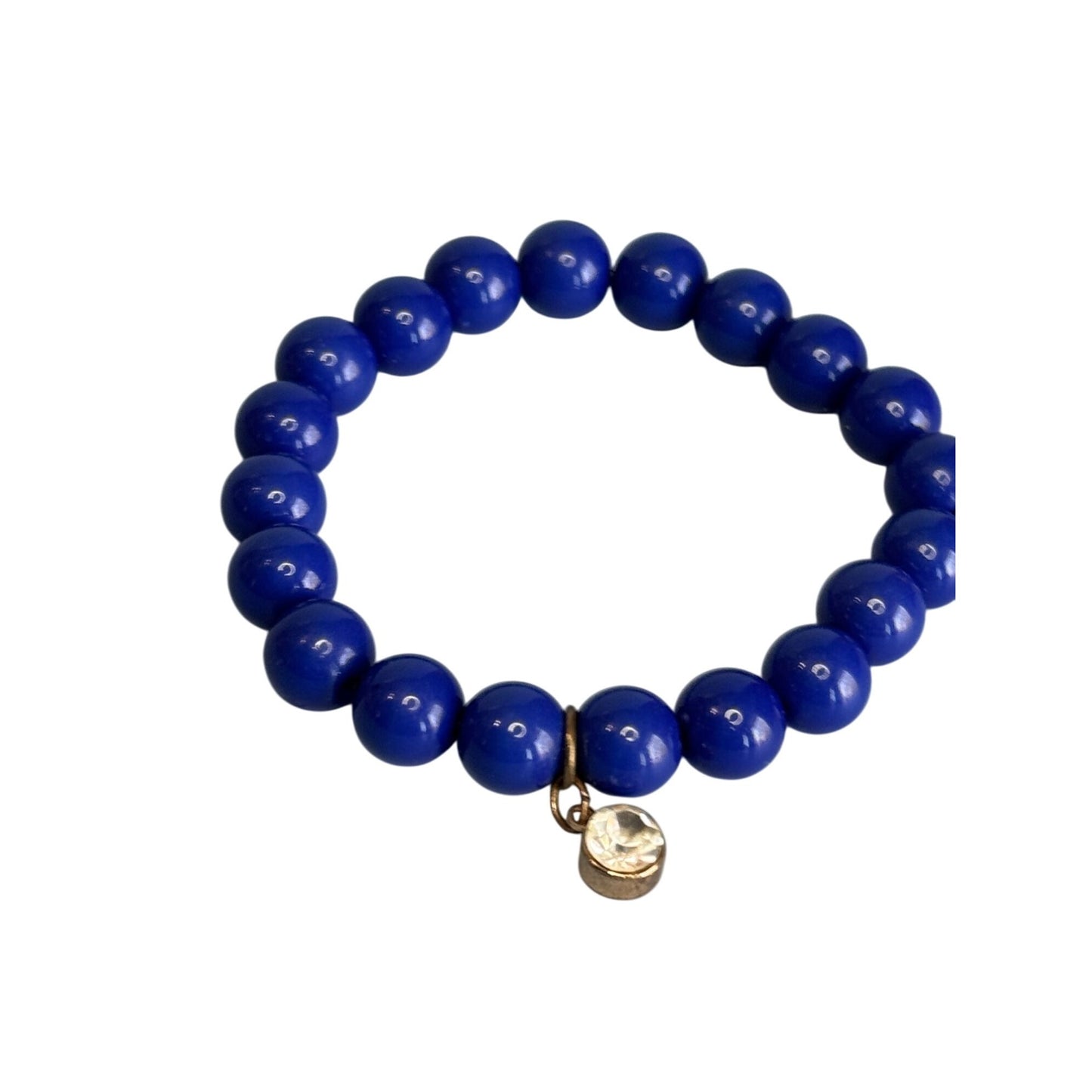Cobalt Blue Glass Beaded Stretch Bracelets With Rhinestone Charm Accents