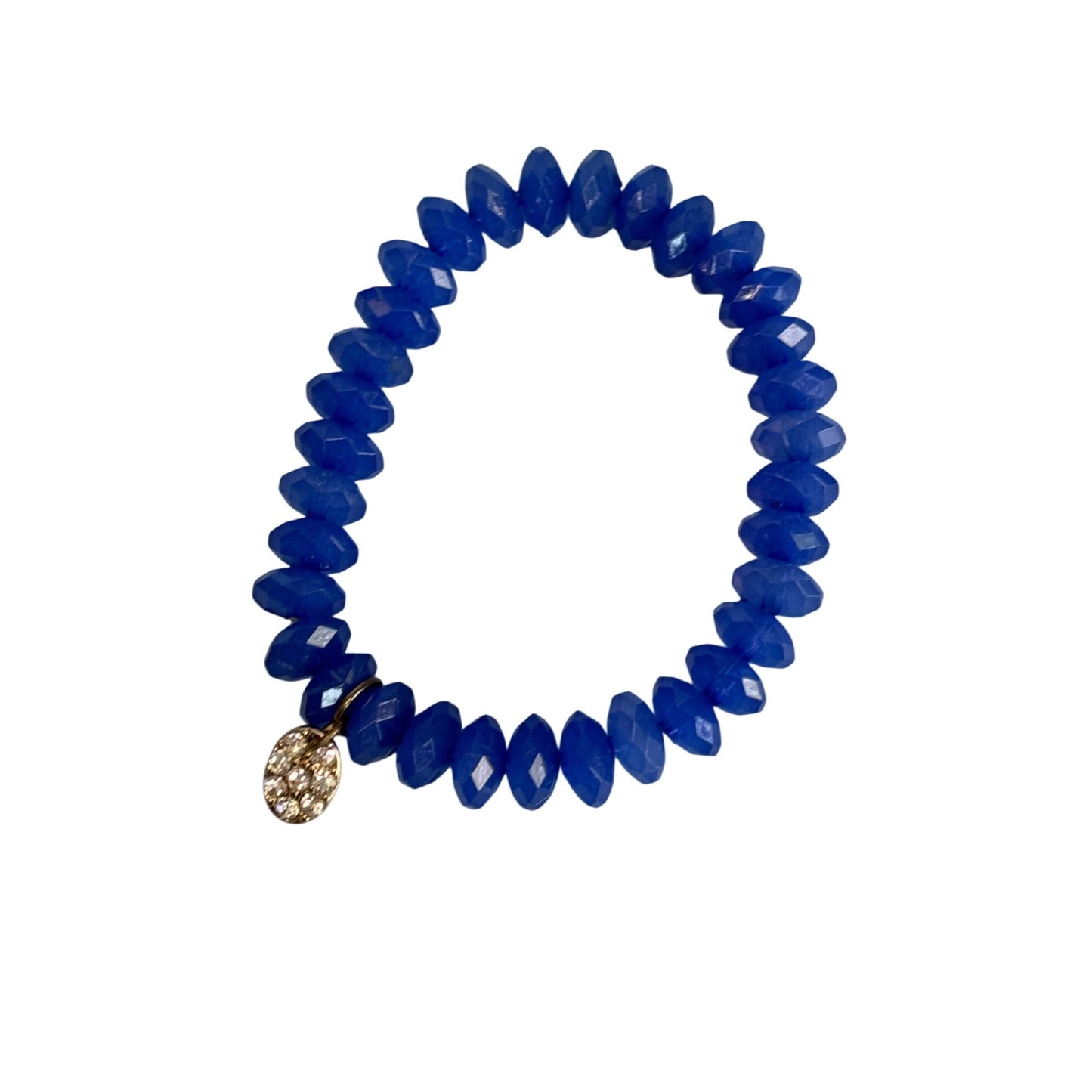 Cobalt Blue Glass Beaded Stretch Bracelets With Rhinestone Charm Accents