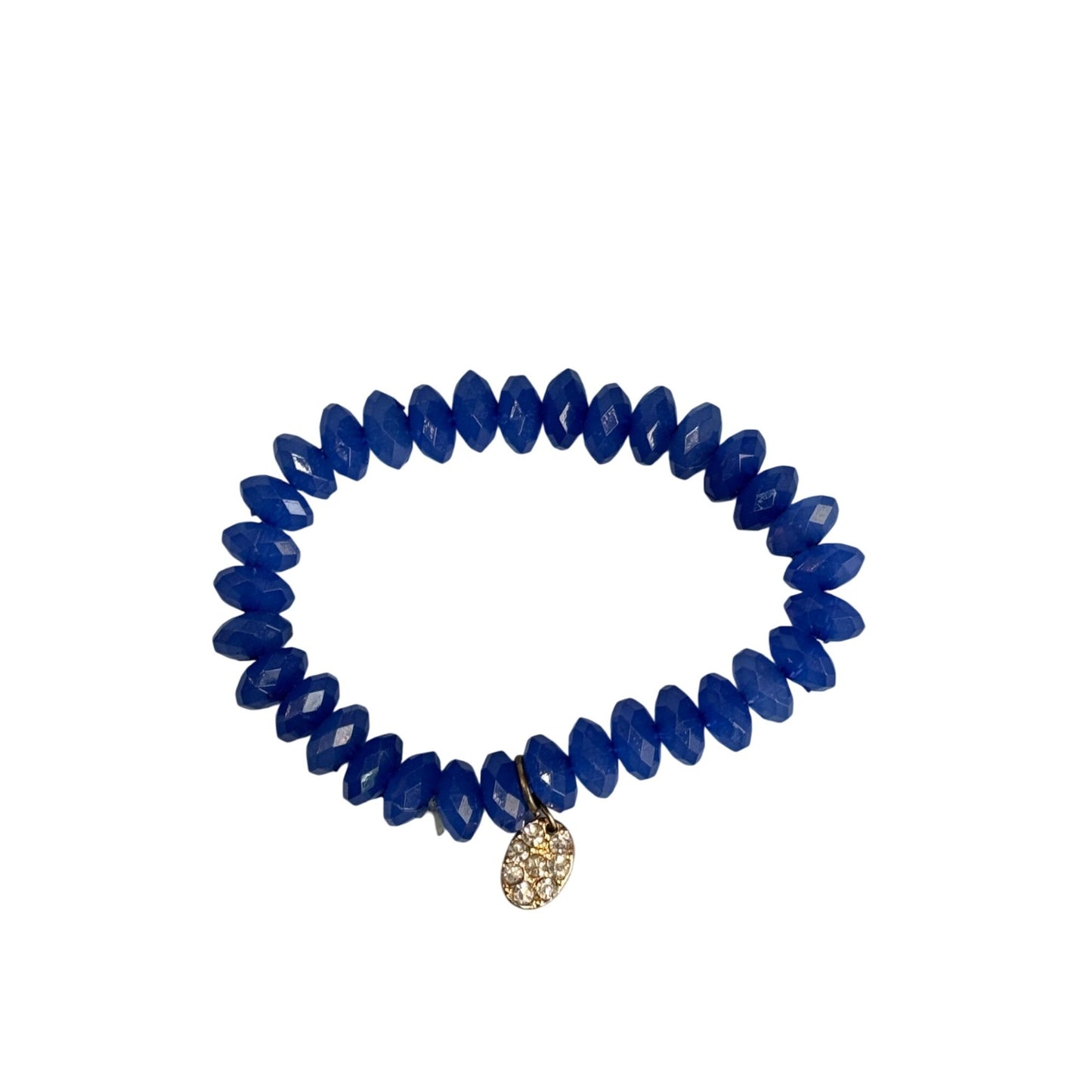 Cobalt Blue Glass Beaded Stretch Bracelets With Rhinestone Charm Accents