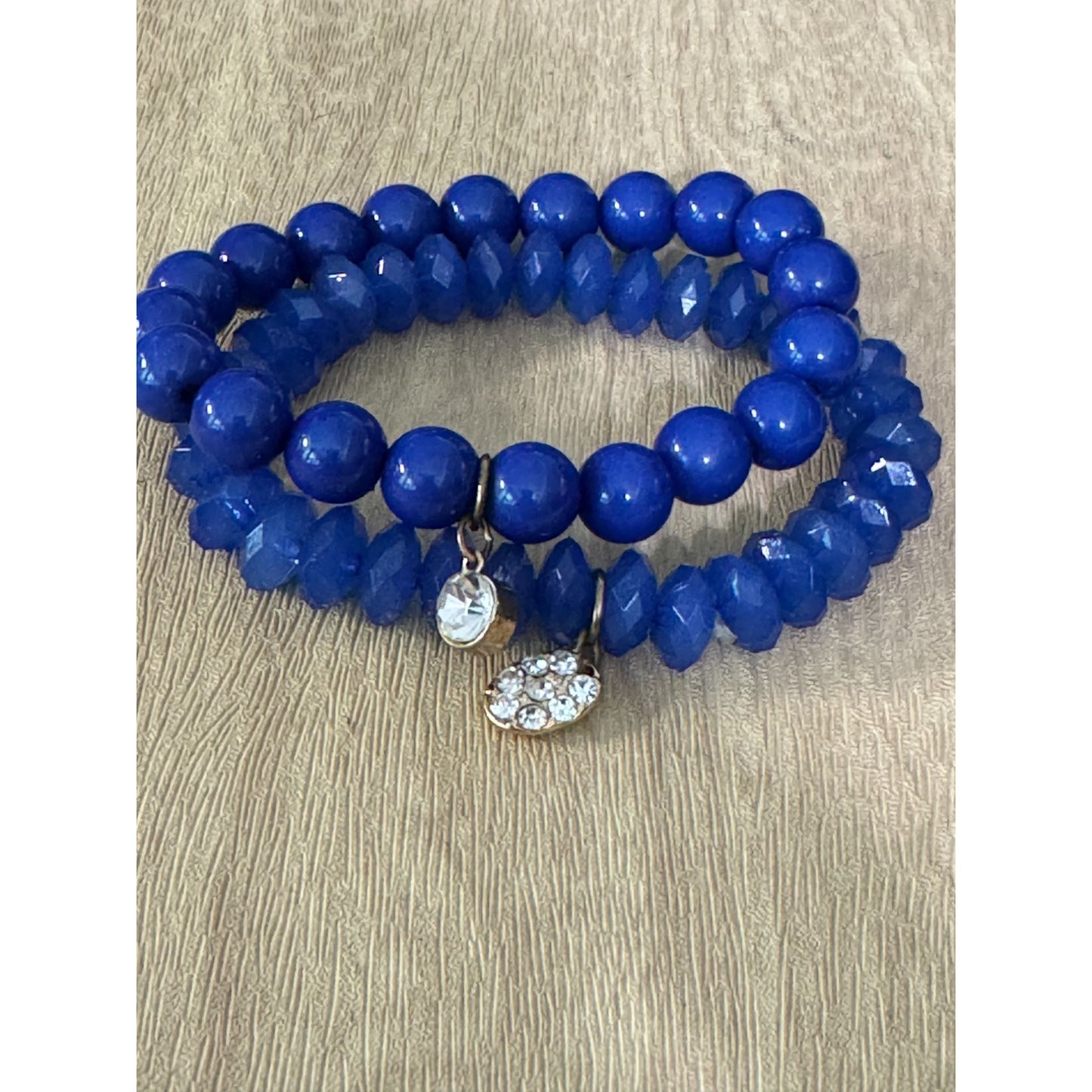 Cobalt Blue Glass Beaded Stretch Bracelets With Rhinestone Charm Accents