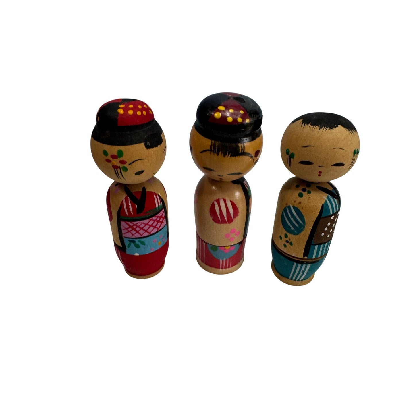 Vintage Japanese Wood Nesting Kokeshi Dolls Bobble Head Set 3.25"