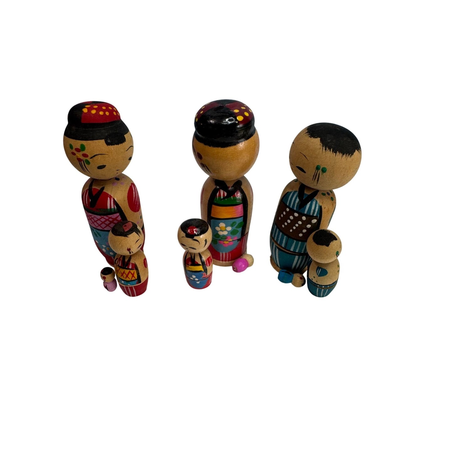 Vintage Japanese Wood Nesting Kokeshi Dolls Bobble Head Set 3.25"