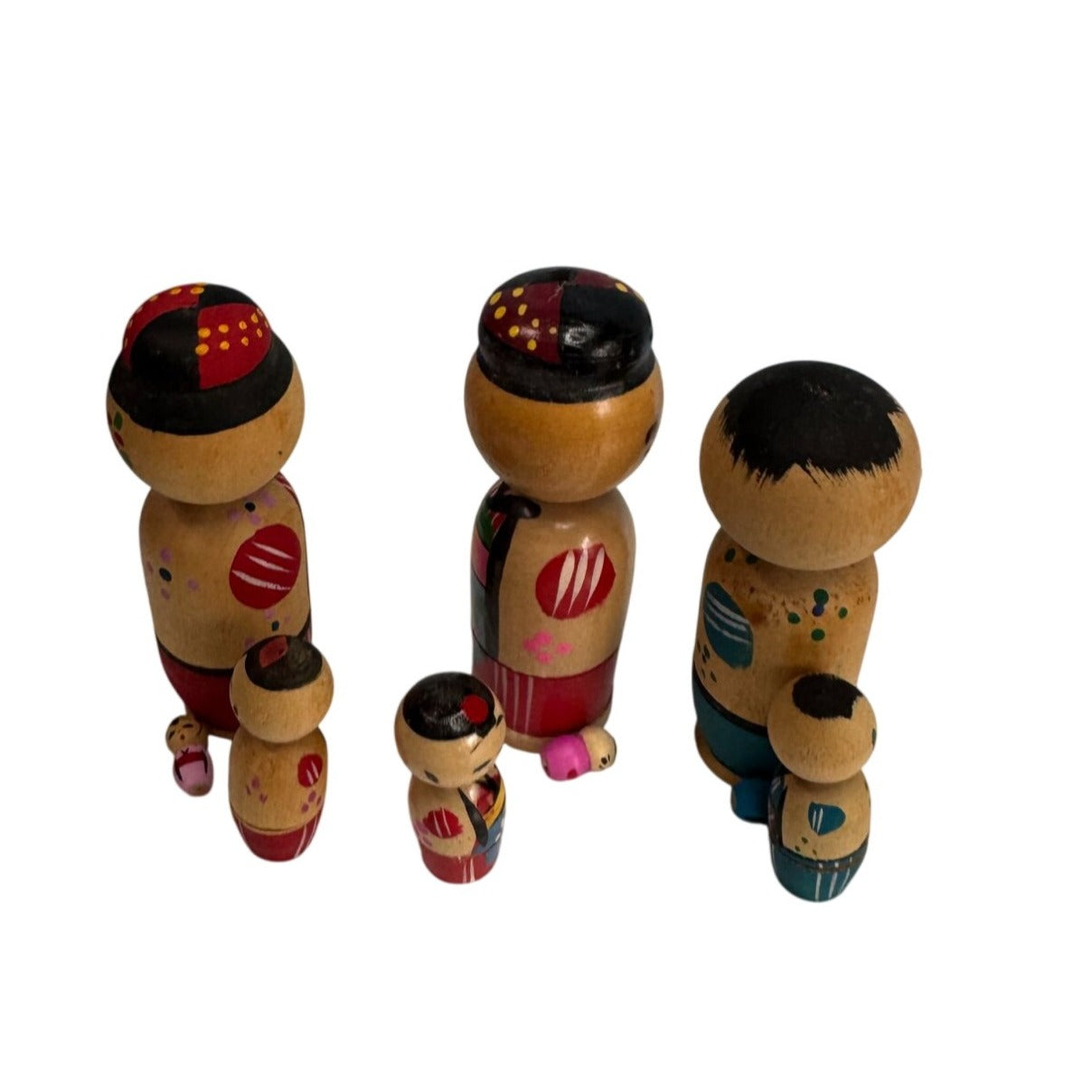 Vintage Japanese Wood Nesting Kokeshi Dolls Bobble Head Set 3.25"