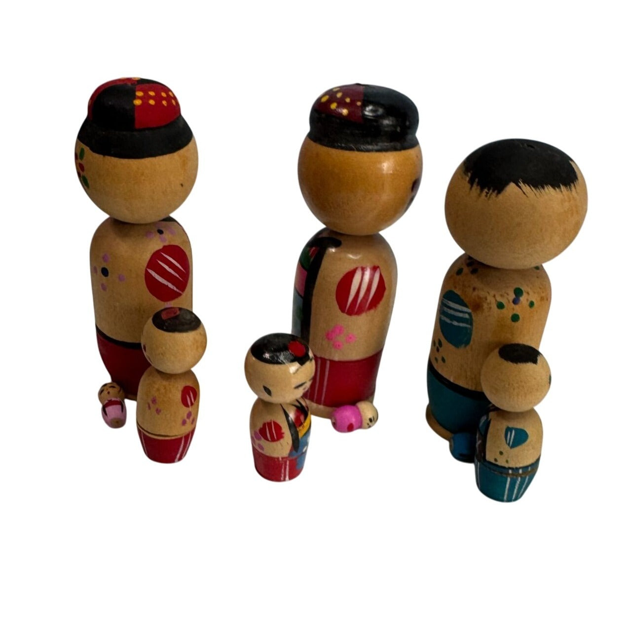 Vintage Japanese Wood Nesting Kokeshi Dolls Bobble Head Set 3.25"