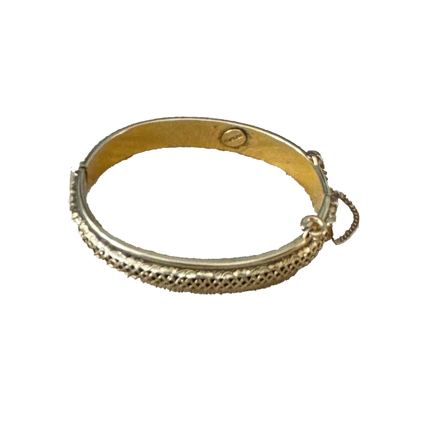 Vintage Freirich Goldplated Hinged Bangle Bracelet W/Safety Chain Germany 7"
