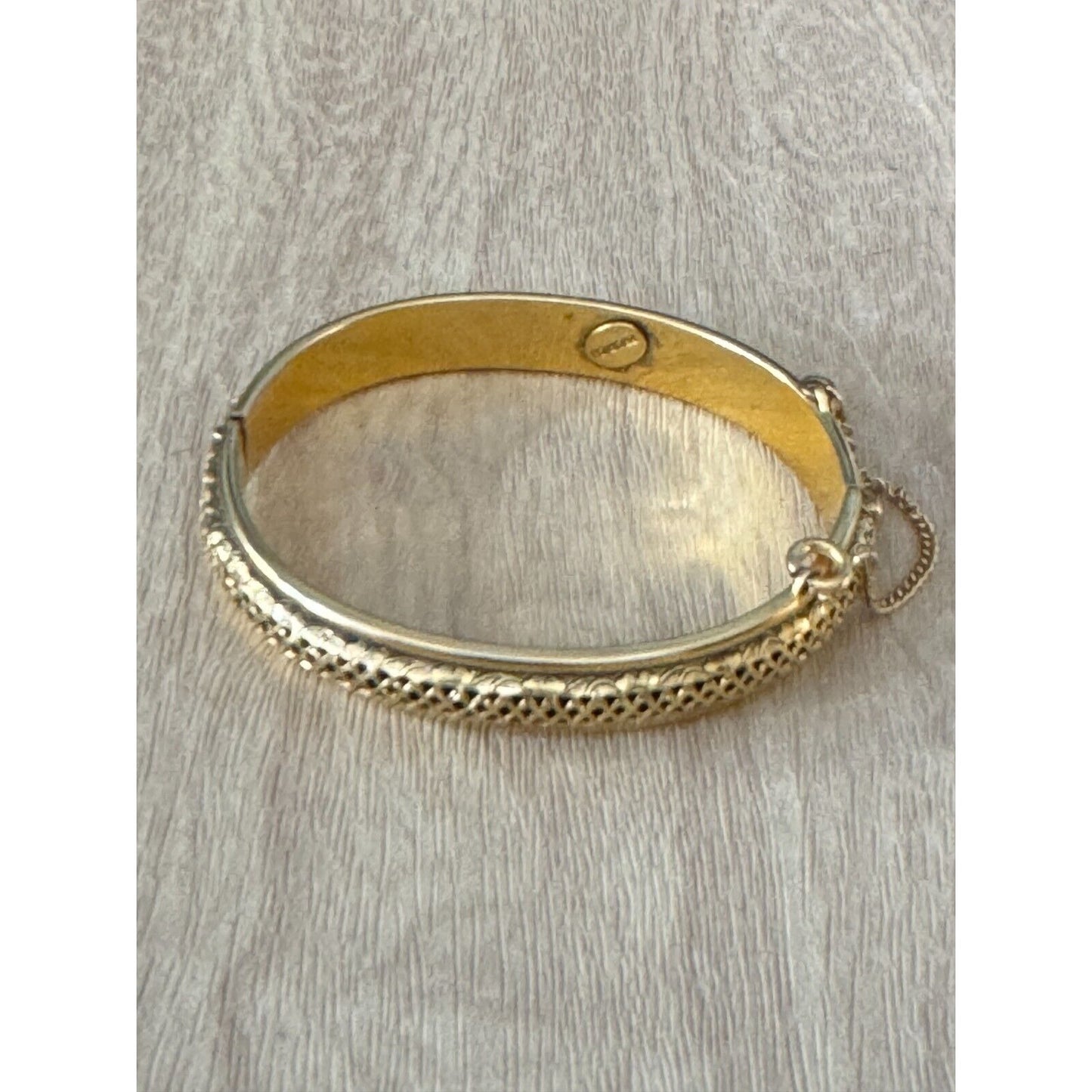 Vintage Freirich Goldplated Hinged Bangle Bracelet W/Safety Chain Germany 7"