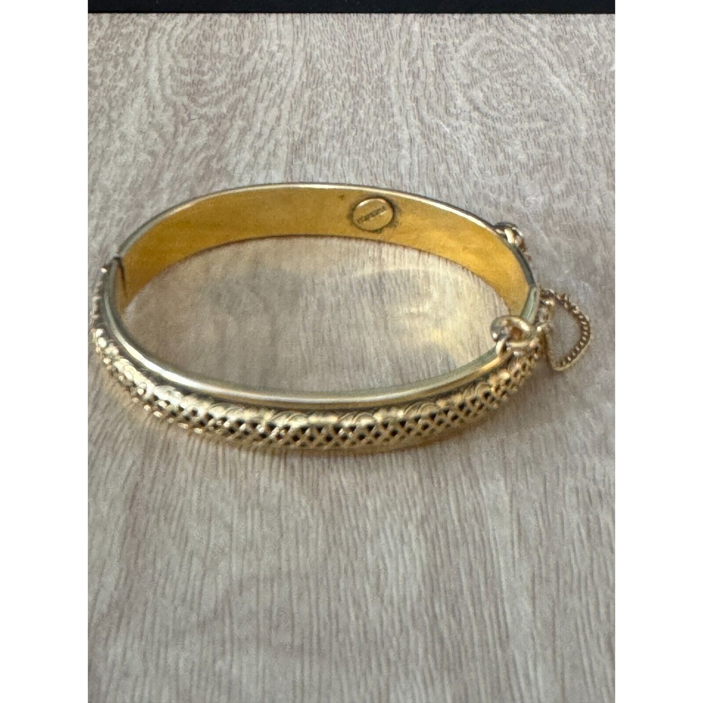 Vintage Freirich Goldplated Hinged Bangle Bracelet W/Safety Chain Germany 7"