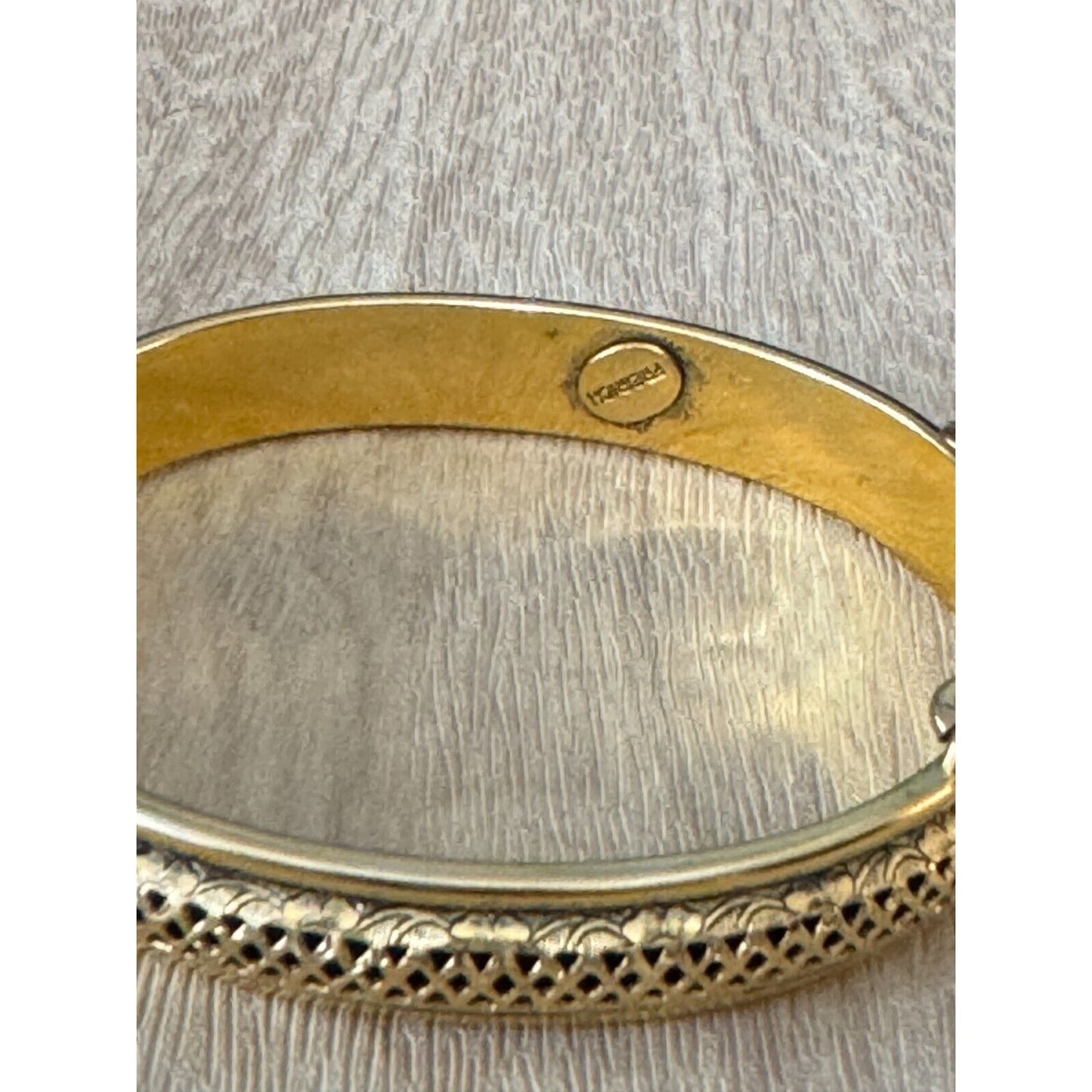 Vintage Freirich Goldplated Hinged Bangle Bracelet W/Safety Chain Germany 7"