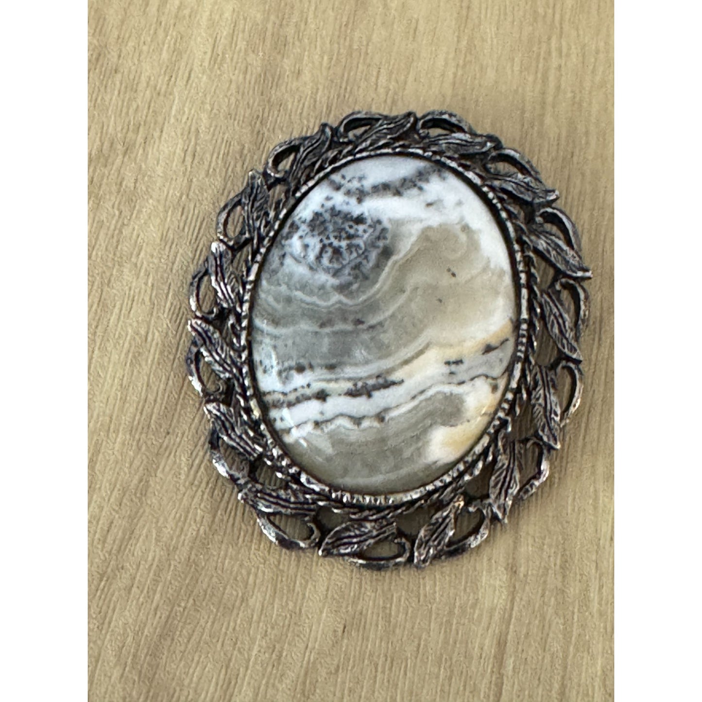 Dendritic Jasper Vintage Brooch Pin Gray & White Stone Metal Frame 2" x 2.5"
