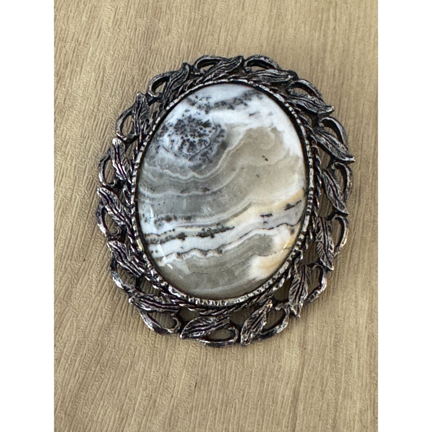 Dendritic Jasper Vintage Brooch Pin Gray & White Stone Metal Frame 2" x 2.5"