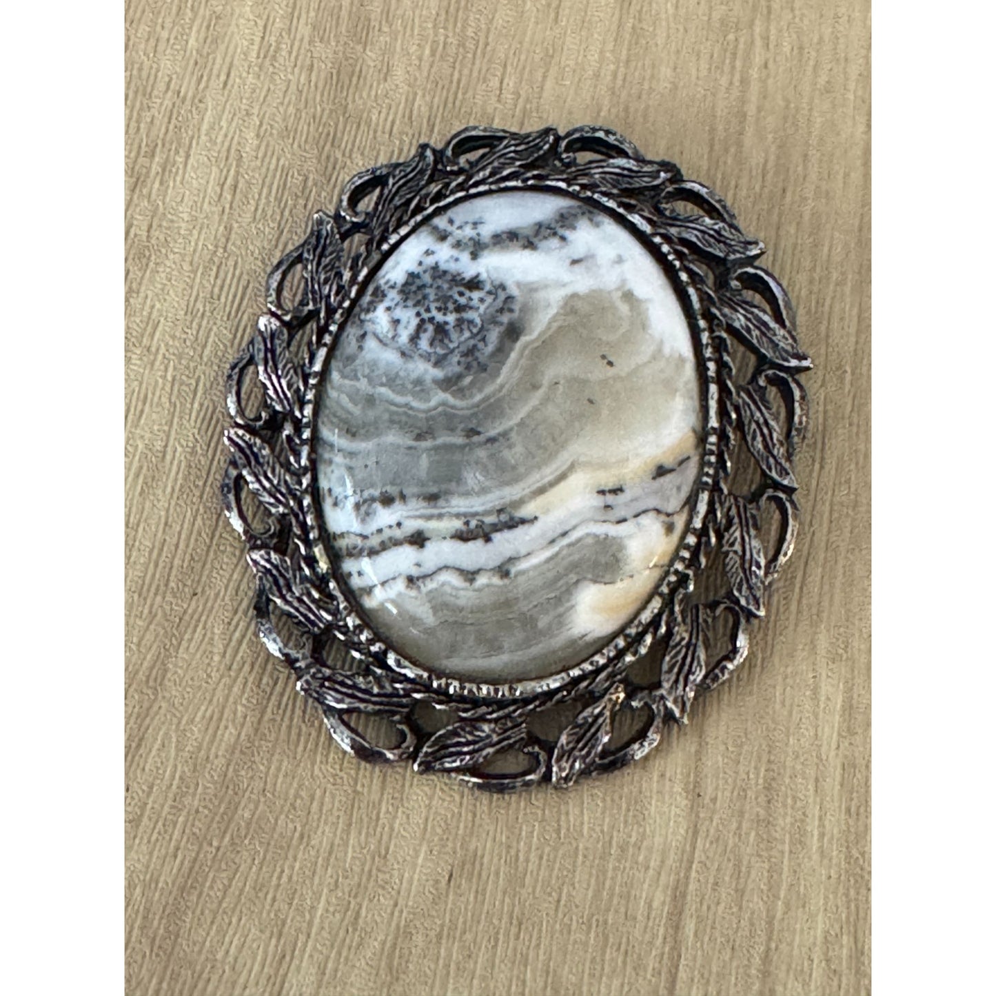 Dendritic Jasper Vintage Brooch Pin Gray & White Stone Metal Frame 2" x 2.5"
