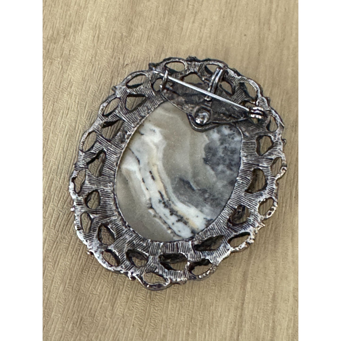 Dendritic Jasper Vintage Brooch Pin Gray & White Stone Metal Frame 2" x 2.5"