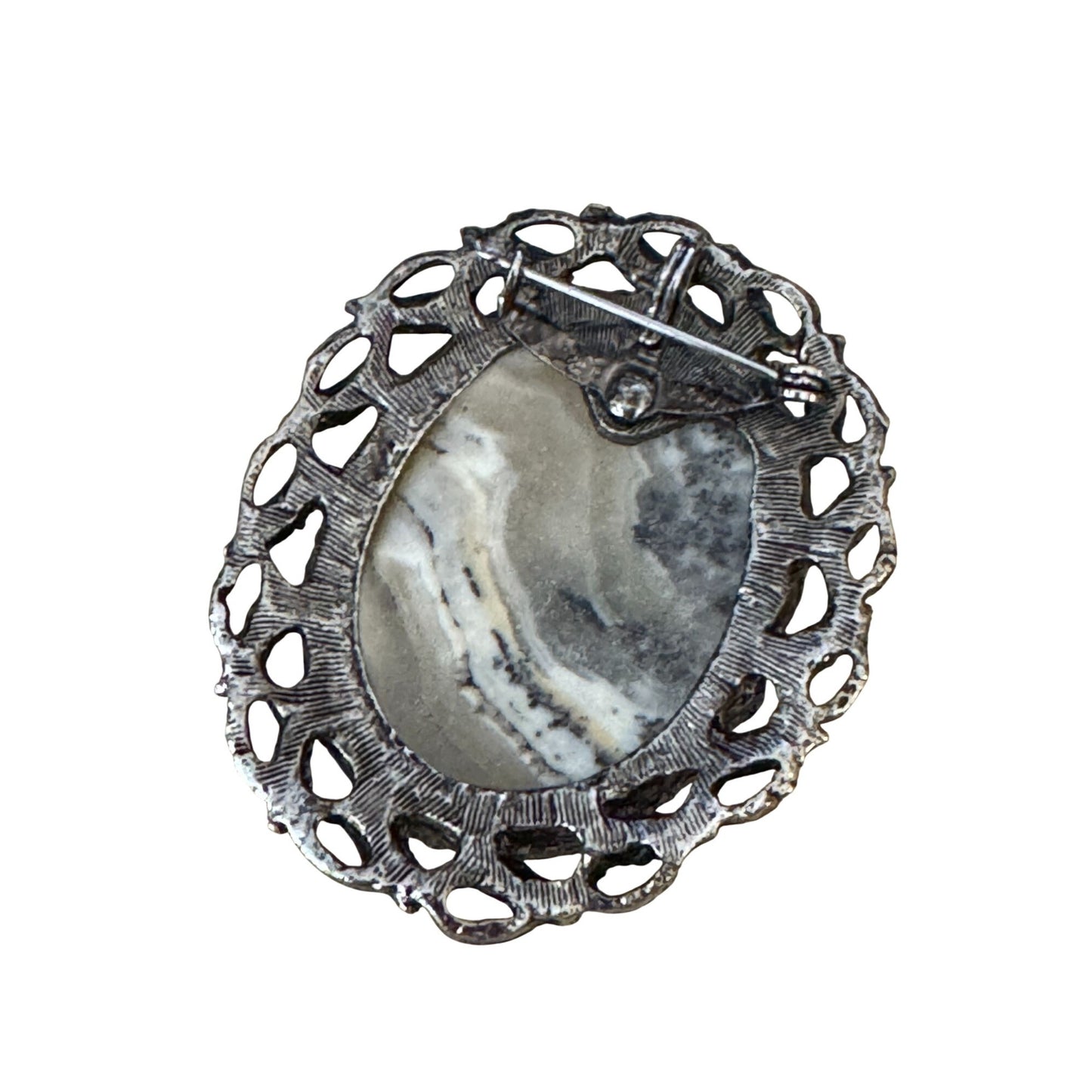 Dendritic Jasper Vintage Brooch Pin Gray & White Stone Metal Frame 2" x 2.5"