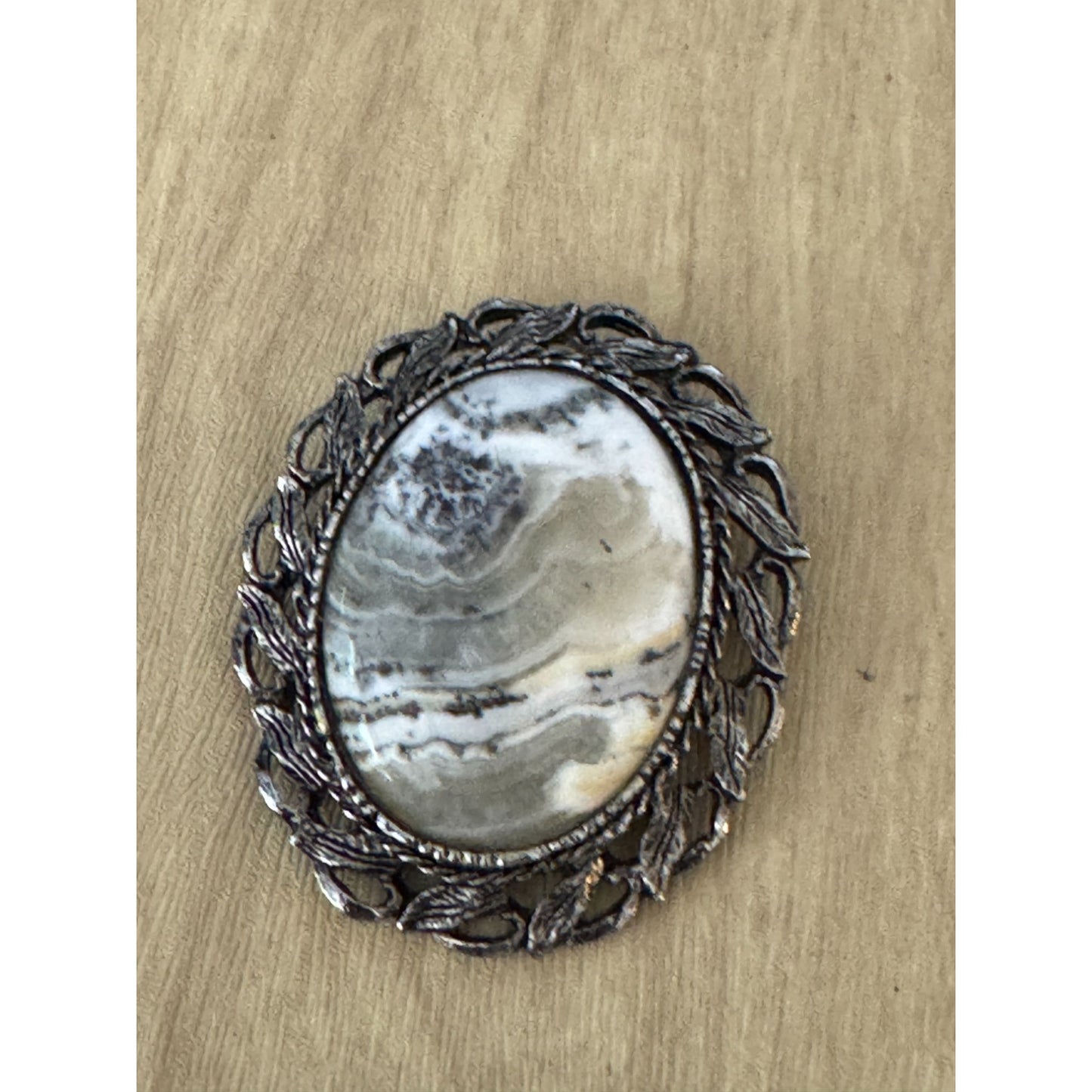 Dendritic Jasper Vintage Brooch Pin Gray & White Stone Metal Frame 2" x 2.5"