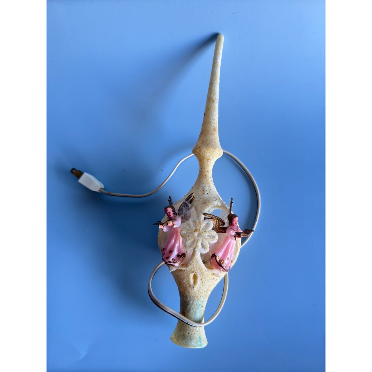 Vintage Celluloid Flocked Angel Christmas Tree Topper Lighted Germany 12"