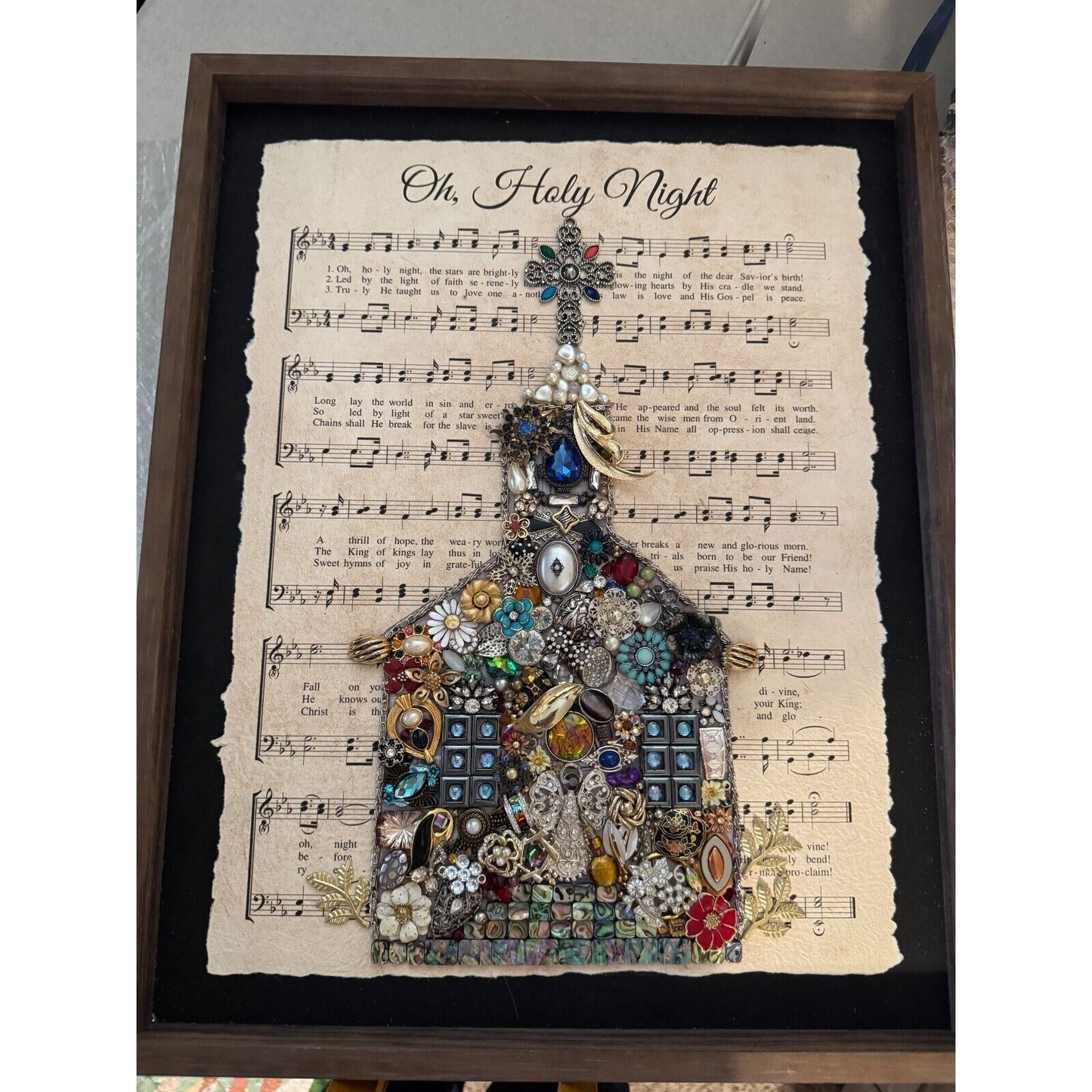 Framed Vintage Jewelry Art Christmas Church Design On "Oh Holy Night" Sheet Music By Betty 16" x 20"