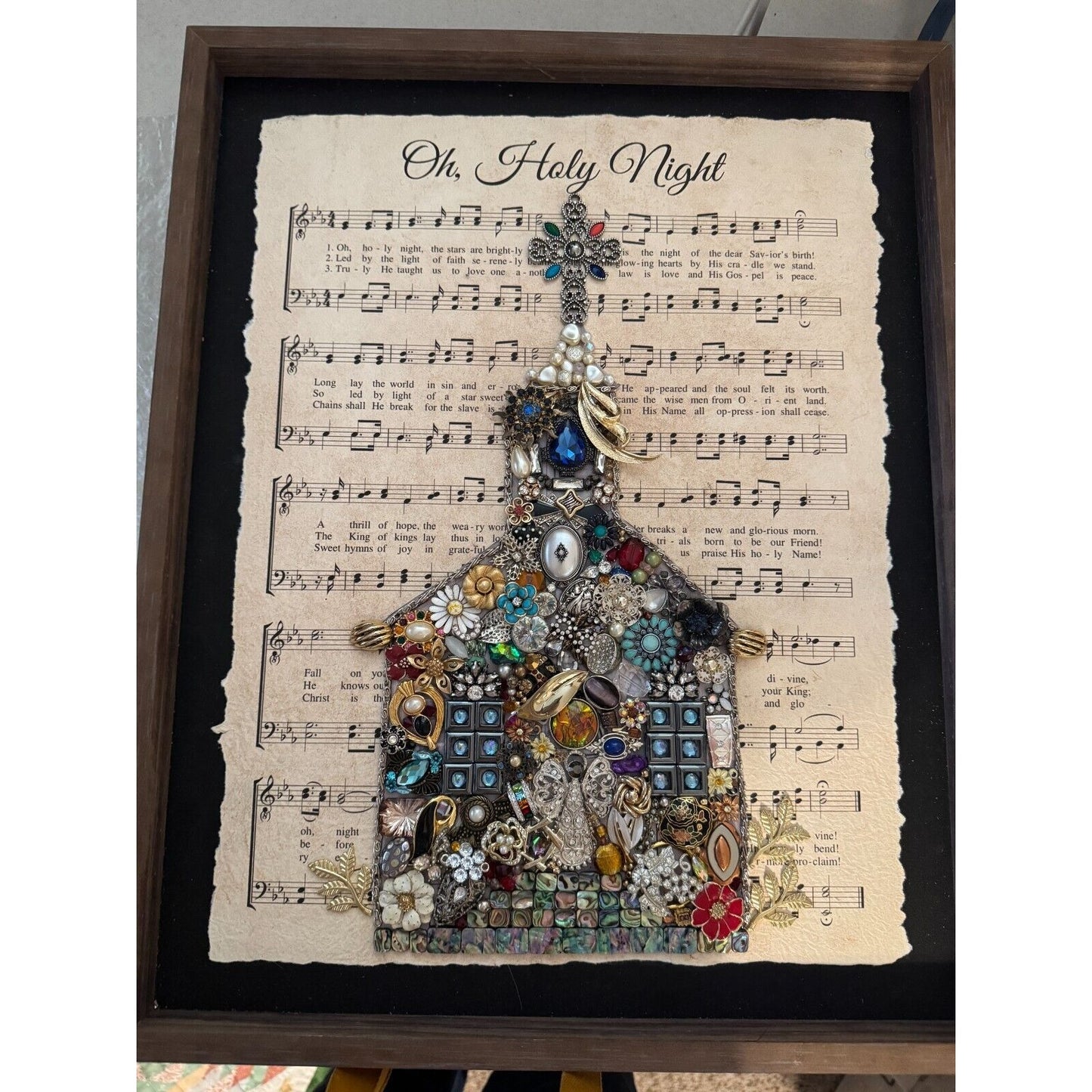 Framed Vintage Jewelry Art Christmas Church Design On "Oh Holy Night" Sheet Music By Betty 16" x 20"
