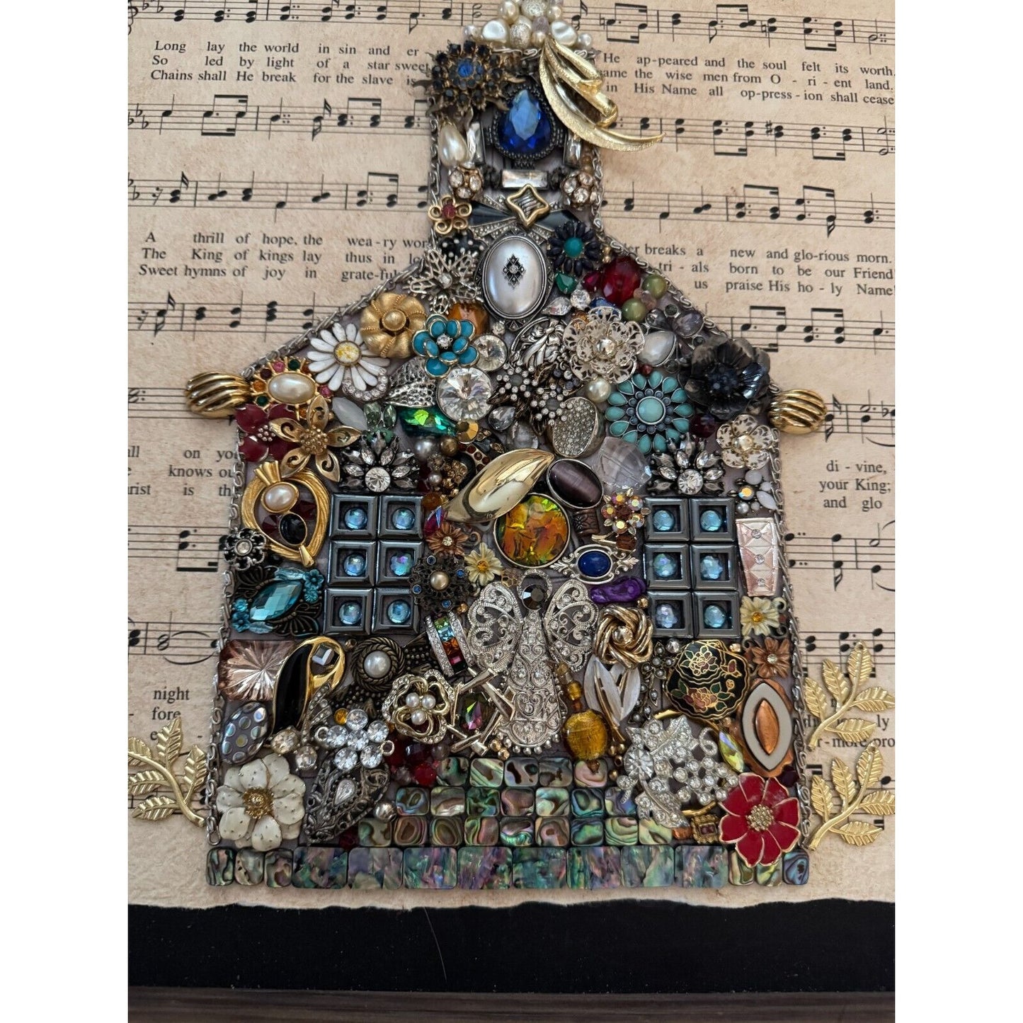Framed Vintage Jewelry Art Christmas Church Design On "Oh Holy Night" Sheet Music By Betty 16" x 20"