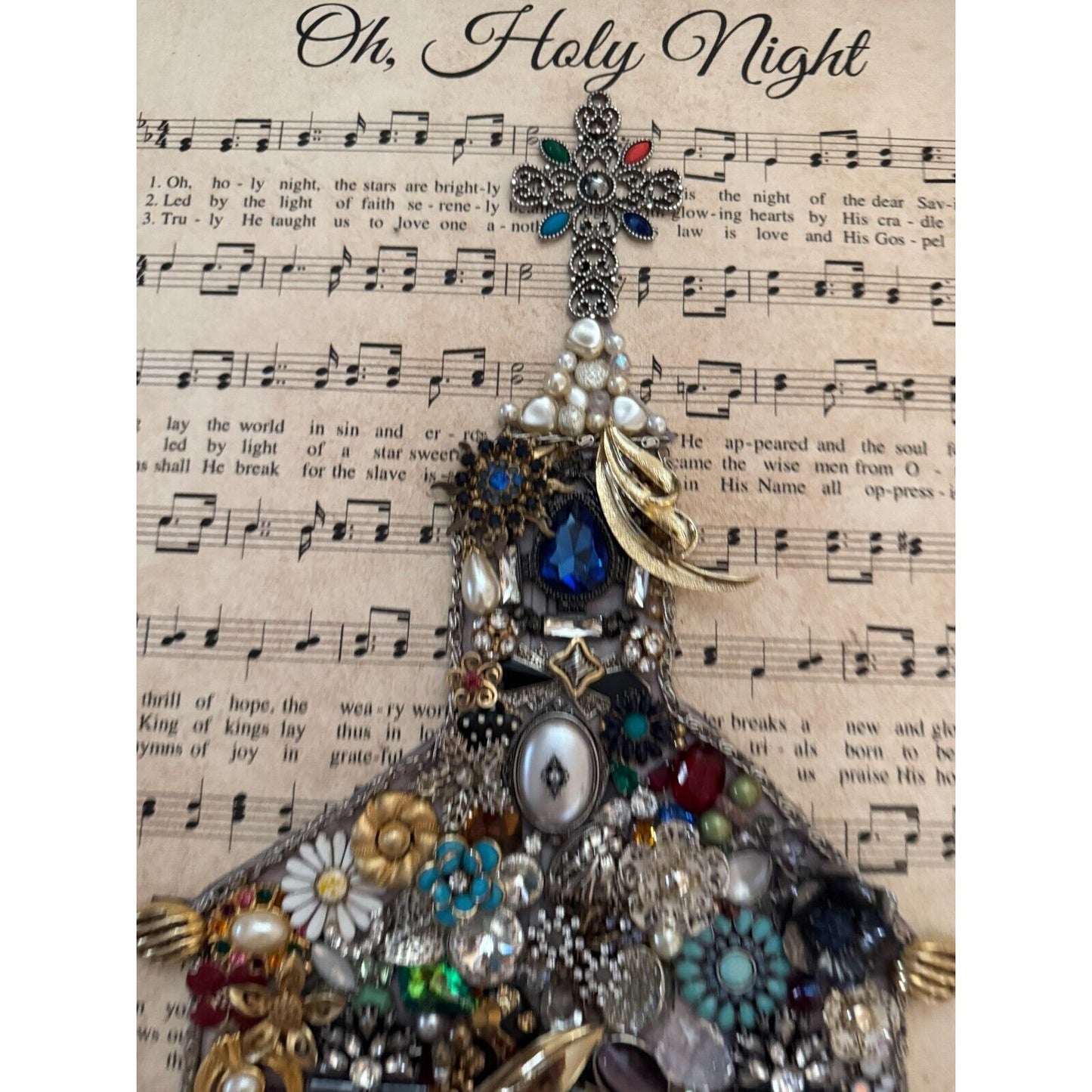 Framed Vintage Jewelry Art Christmas Church Design On "Oh Holy Night" Sheet Music By Betty 16" x 20"