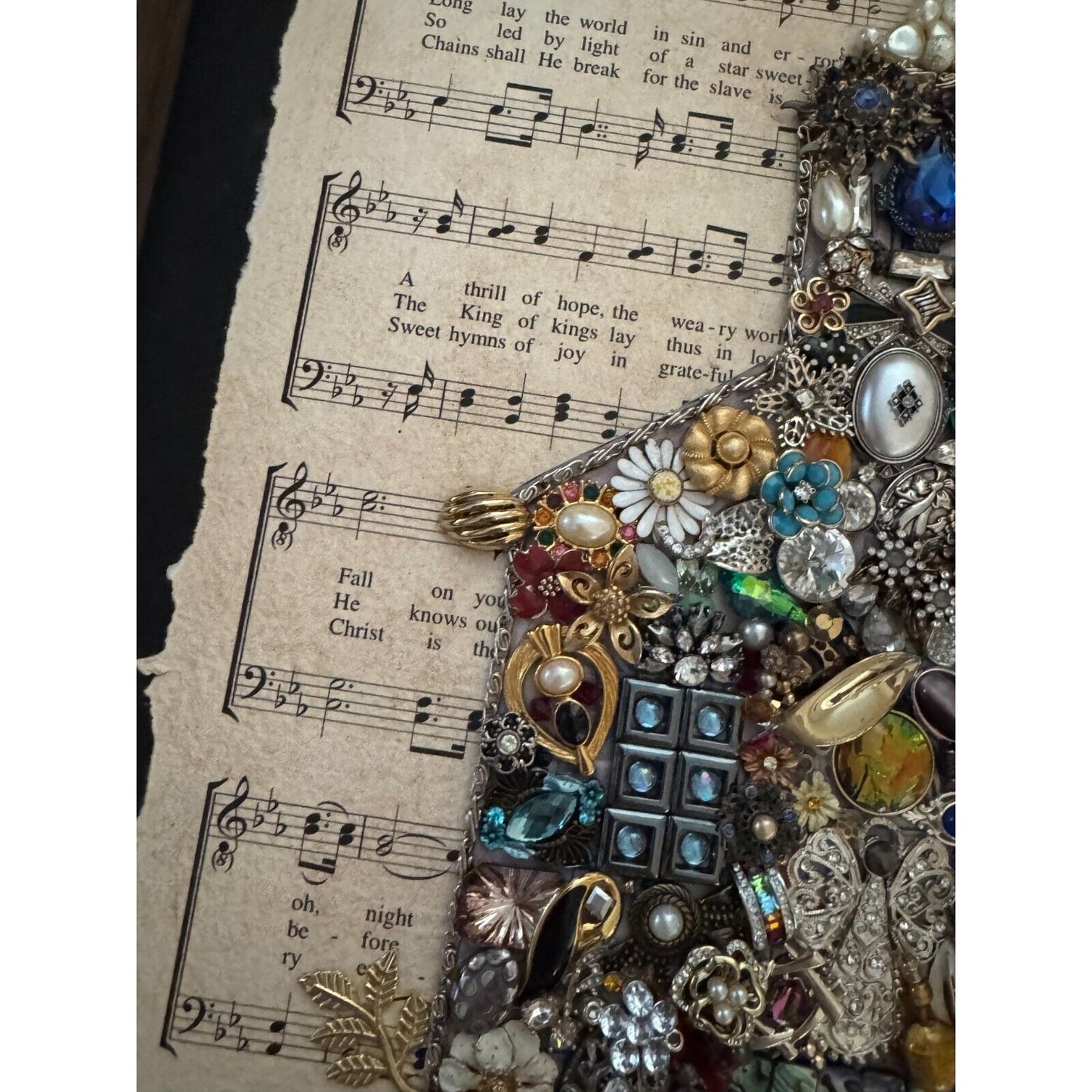 Framed Vintage Jewelry Art Christmas Church Design On "Oh Holy Night" Sheet Music By Betty 16" x 20"