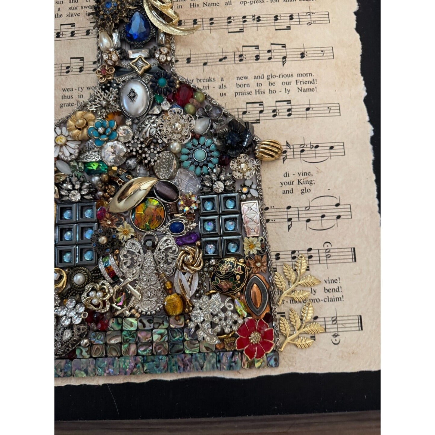 Framed Vintage Jewelry Art Christmas Church Design On "Oh Holy Night" Sheet Music By Betty 16" x 20"
