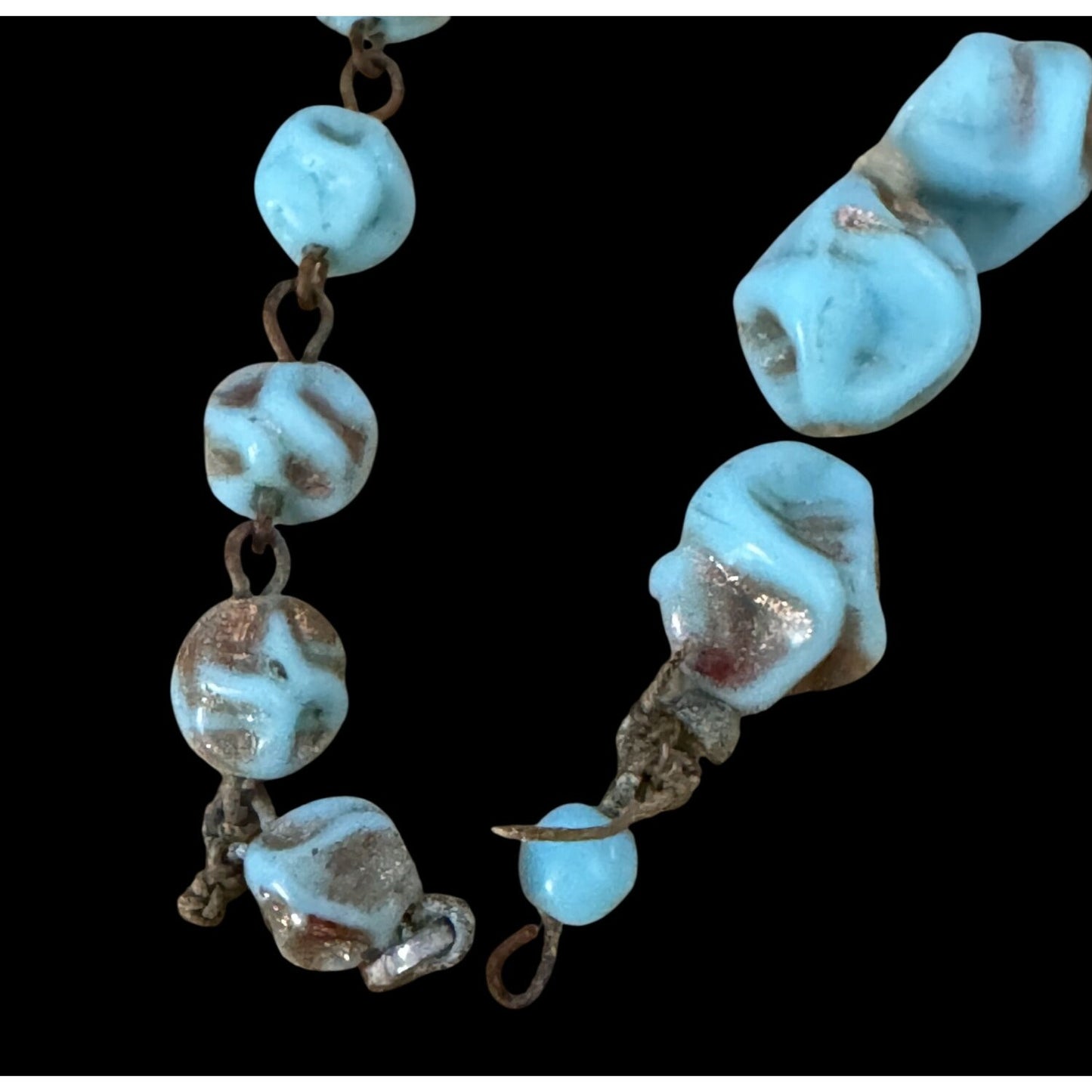 1950 Murano Glass Necklace Aventurine Gold Flecked Turquoise Nugget Beads 14.5"
