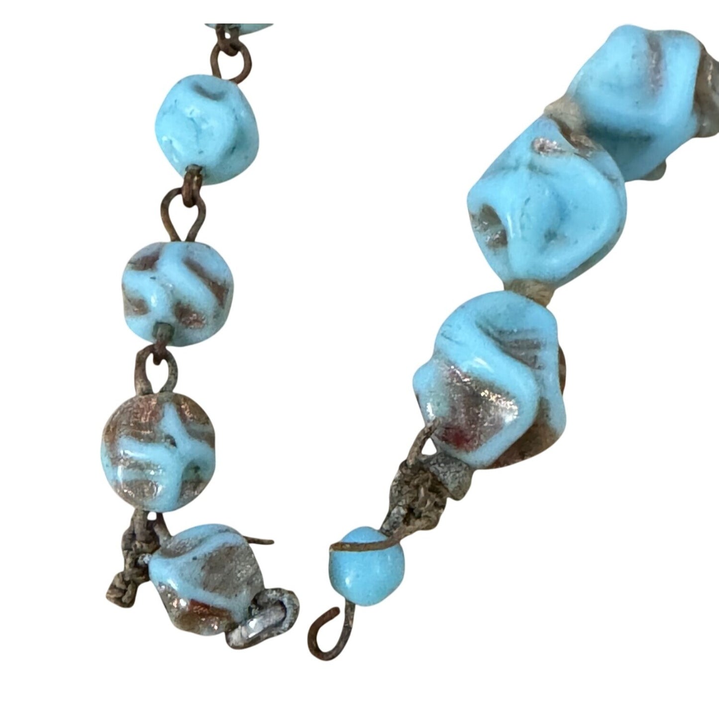 1950 Murano Glass Necklace Aventurine Gold Flecked Turquoise Nugget Beads 14.5"