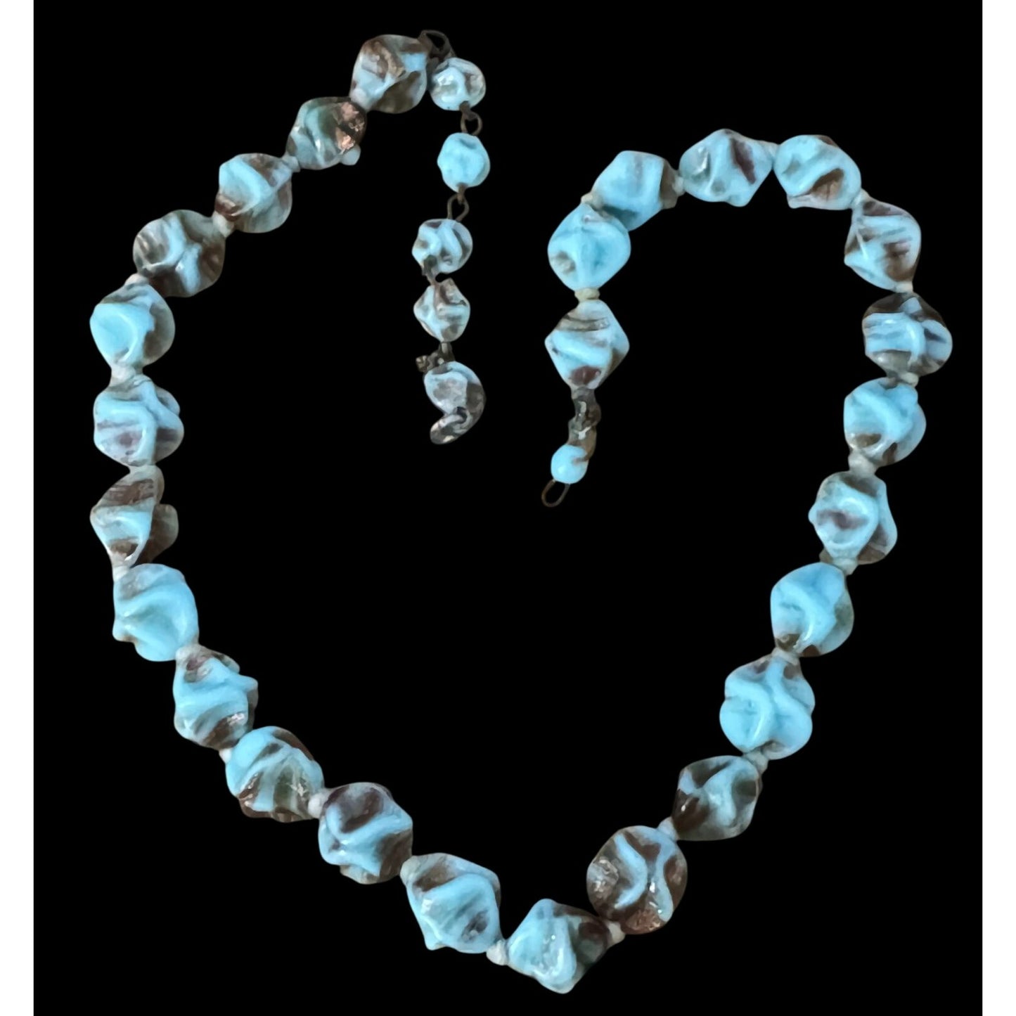 1950 Murano Glass Necklace Aventurine Gold Flecked Turquoise Nugget Beads 14.5"