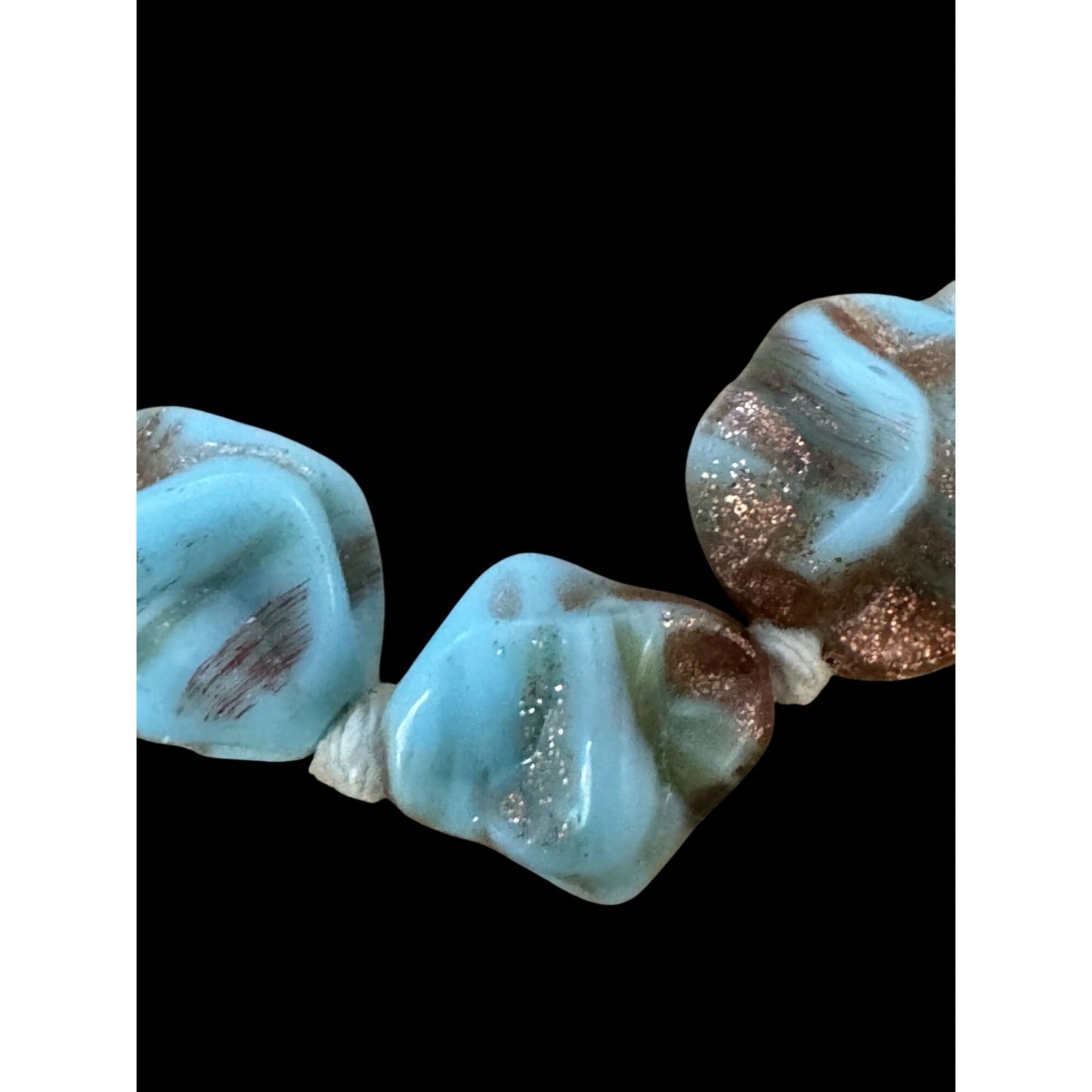1950 Murano Glass Necklace Aventurine Gold Flecked Turquoise Nugget Beads 14.5"