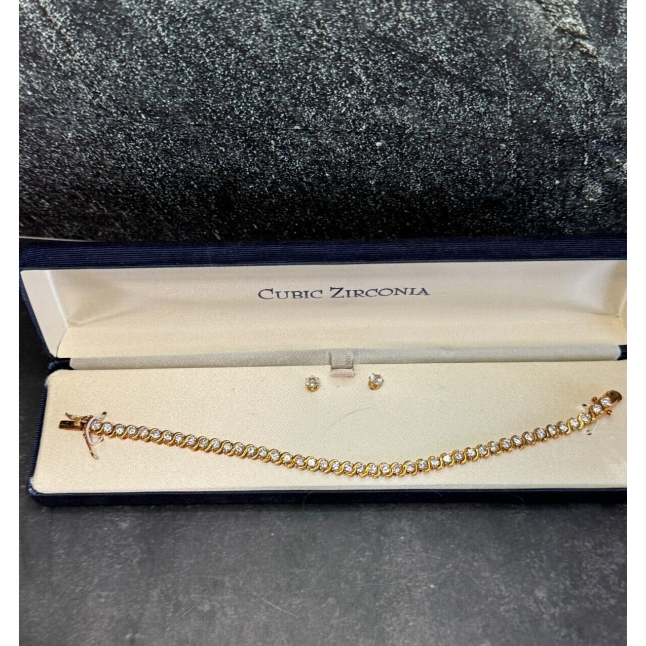 Cubic Zirconia Clear Crystal Tennis Bracelet and Stud Earrings Boxed