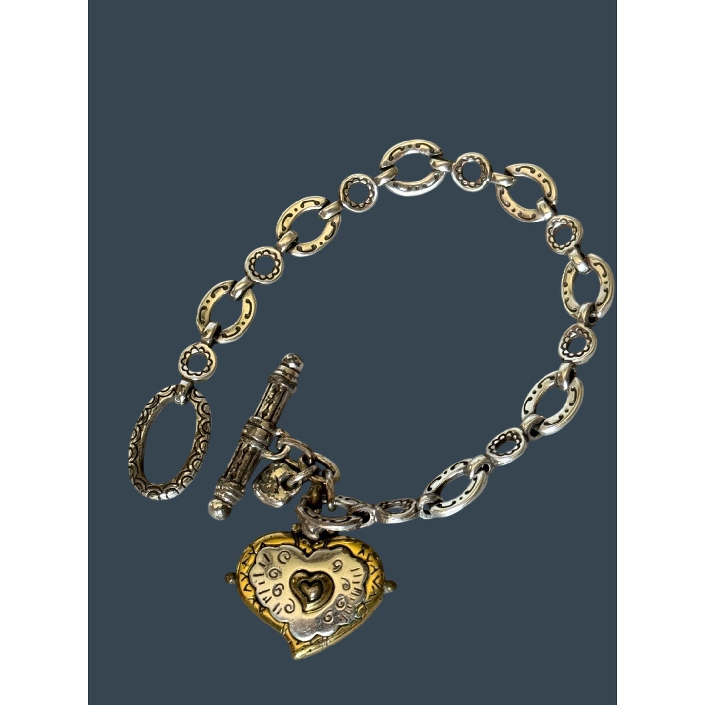 Brighton 7 1/2" 2 Tone Heart Charm Bracelet Engraved "Live Life From The Heart"