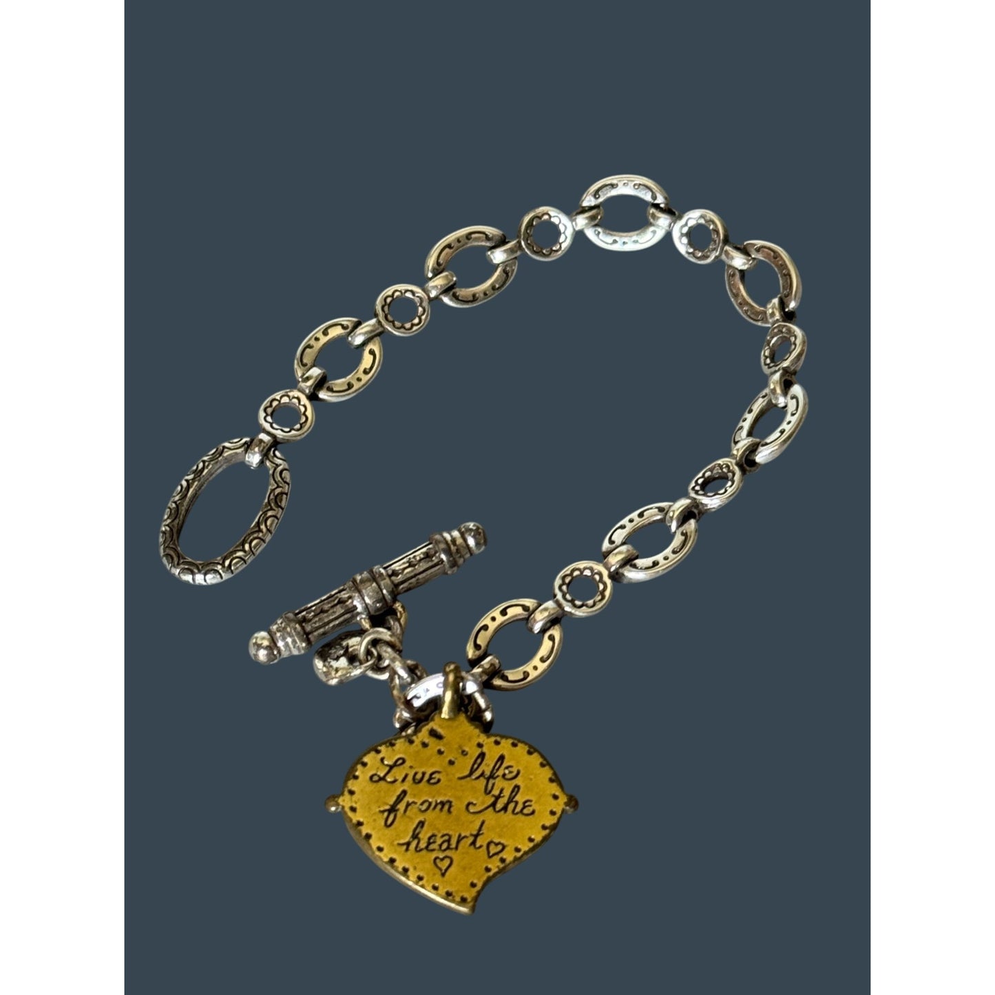 Brighton 7 1/2" 2 Tone Heart Charm Bracelet Engraved "Live Life From The Heart"