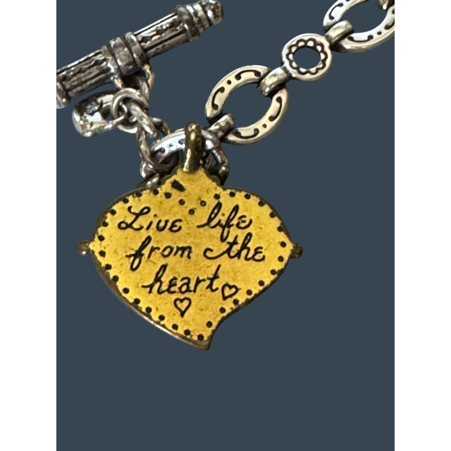 Brighton 7 1/2" 2 Tone Heart Charm Bracelet Engraved "Live Life From The Heart"