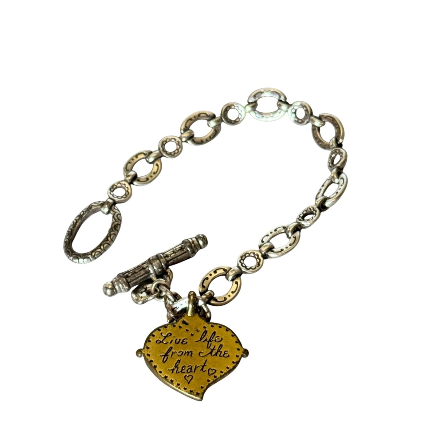 Brighton 7 1/2" 2 Tone Heart Charm Bracelet Engraved "Live Life From The Heart"