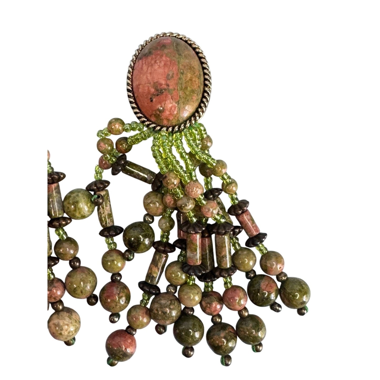Vintage Unakite Stone Clip-On Earrings Dangling Beaded Tassel Multicolor