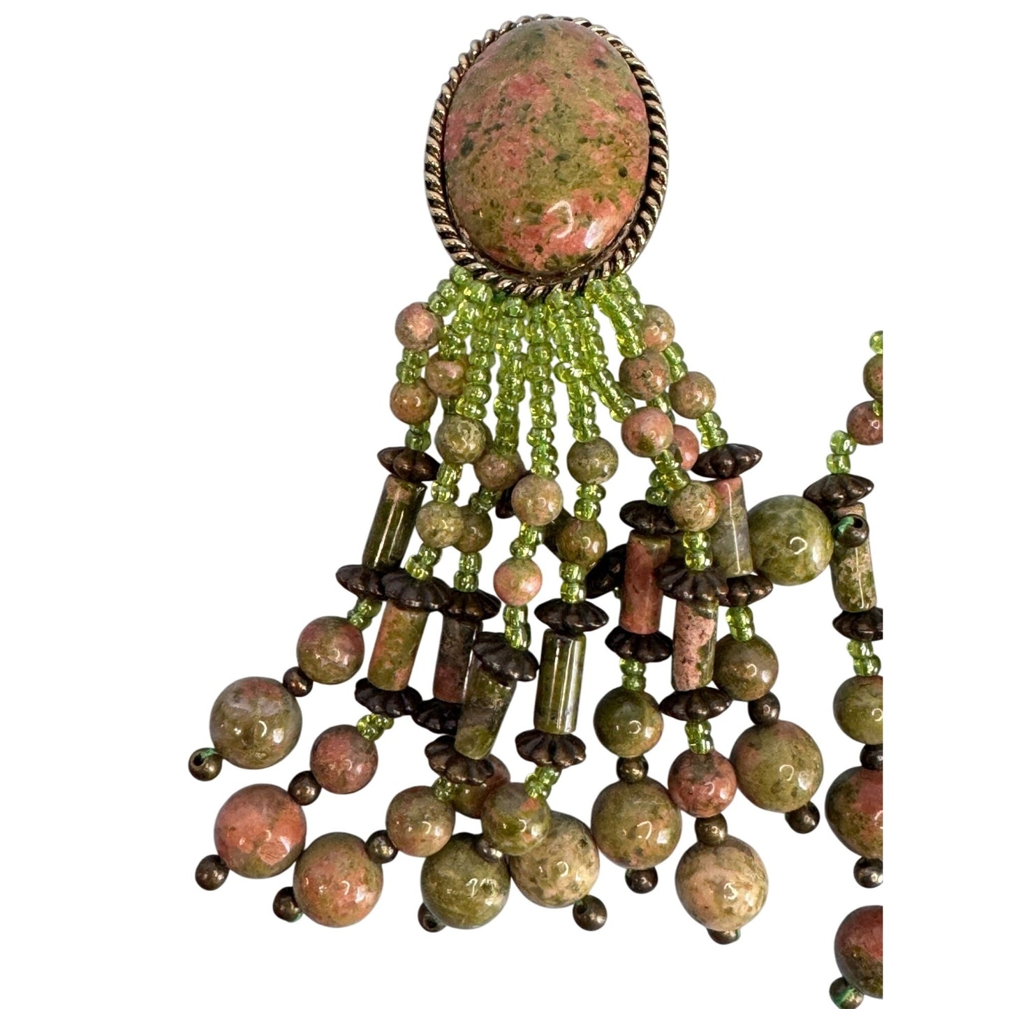 Vintage Unakite Stone Clip-On Earrings Dangling Beaded Tassel Multicolor
