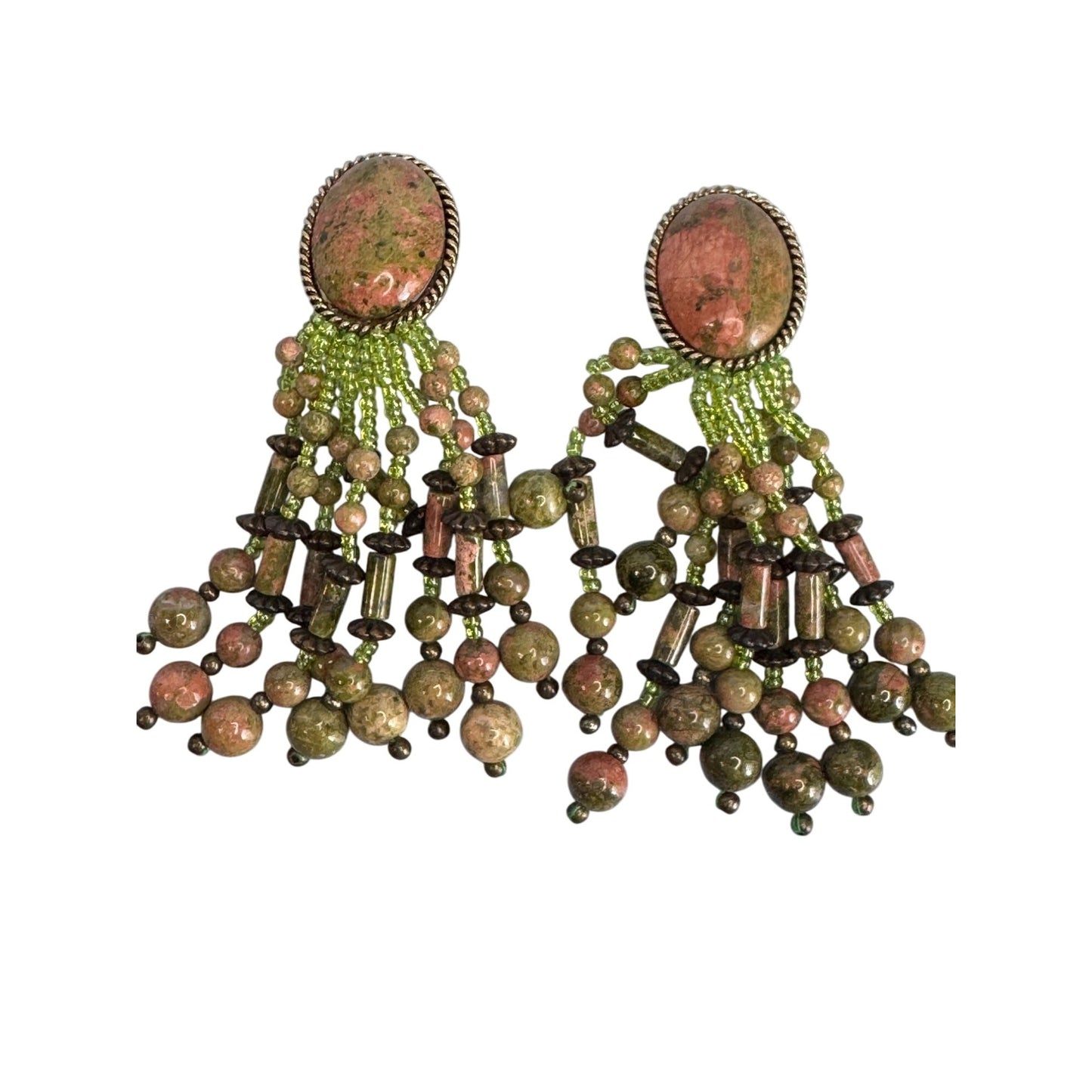 Vintage Unakite Stone Clip-On Earrings Dangling Beaded Tassel Multicolor