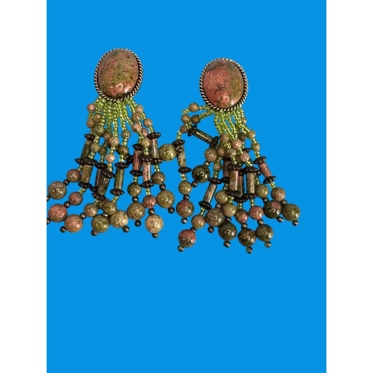 Vintage Unakite Stone Clip-On Earrings Dangling Beaded Tassel Multicolor