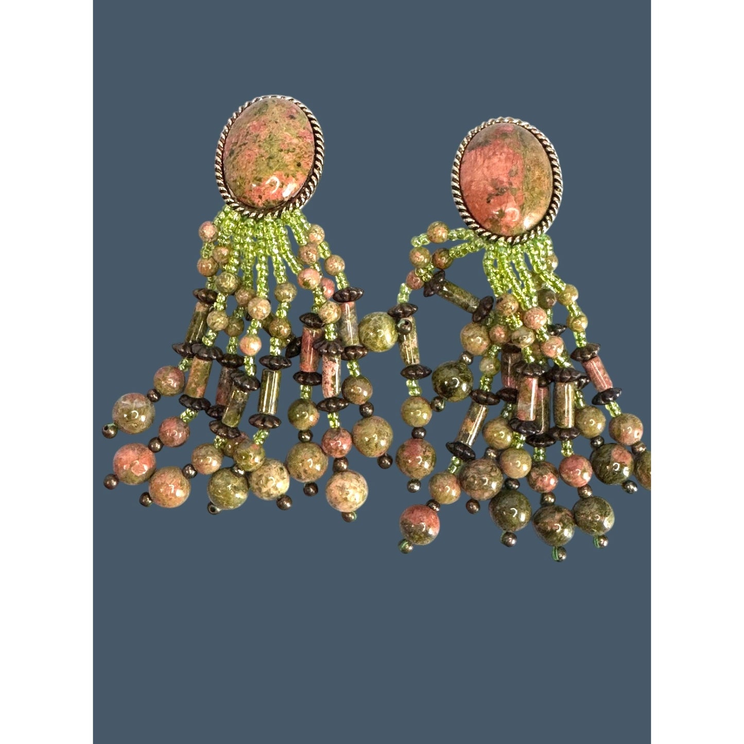 Vintage Unakite Stone Clip-On Earrings Dangling Beaded Tassel Multicolor