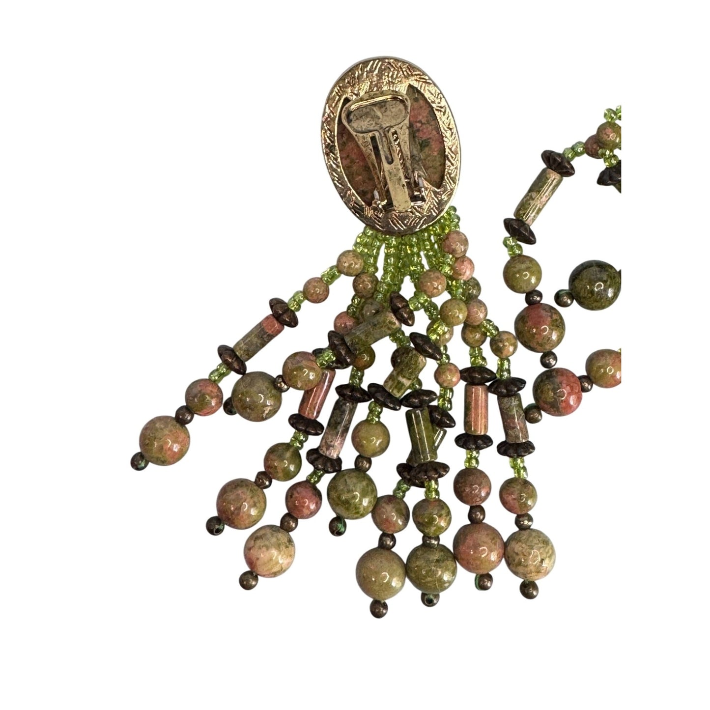 Vintage Unakite Stone Clip-On Earrings Dangling Beaded Tassel Multicolor