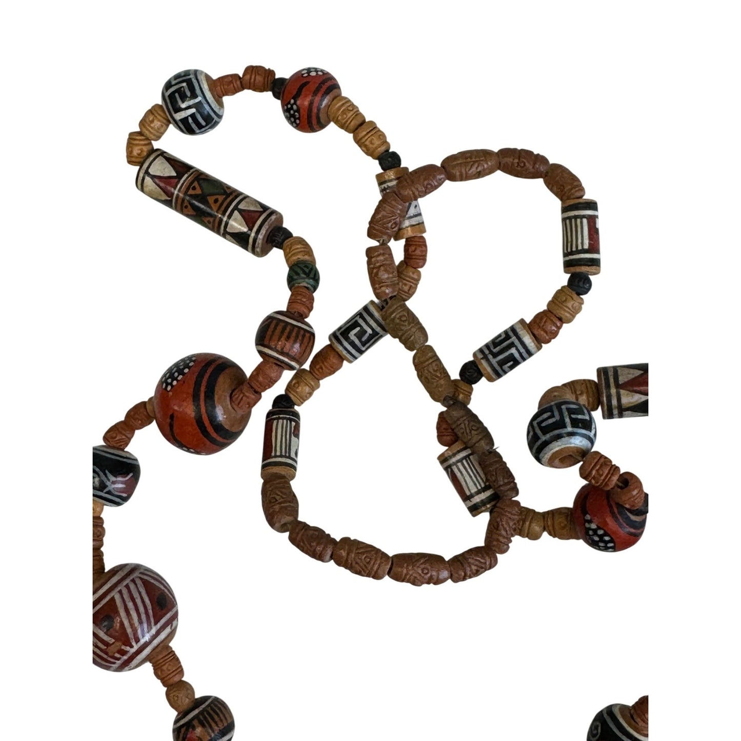 Handmade Boho Tribal Style Beaded Necklace Carved Wood Beads 27"